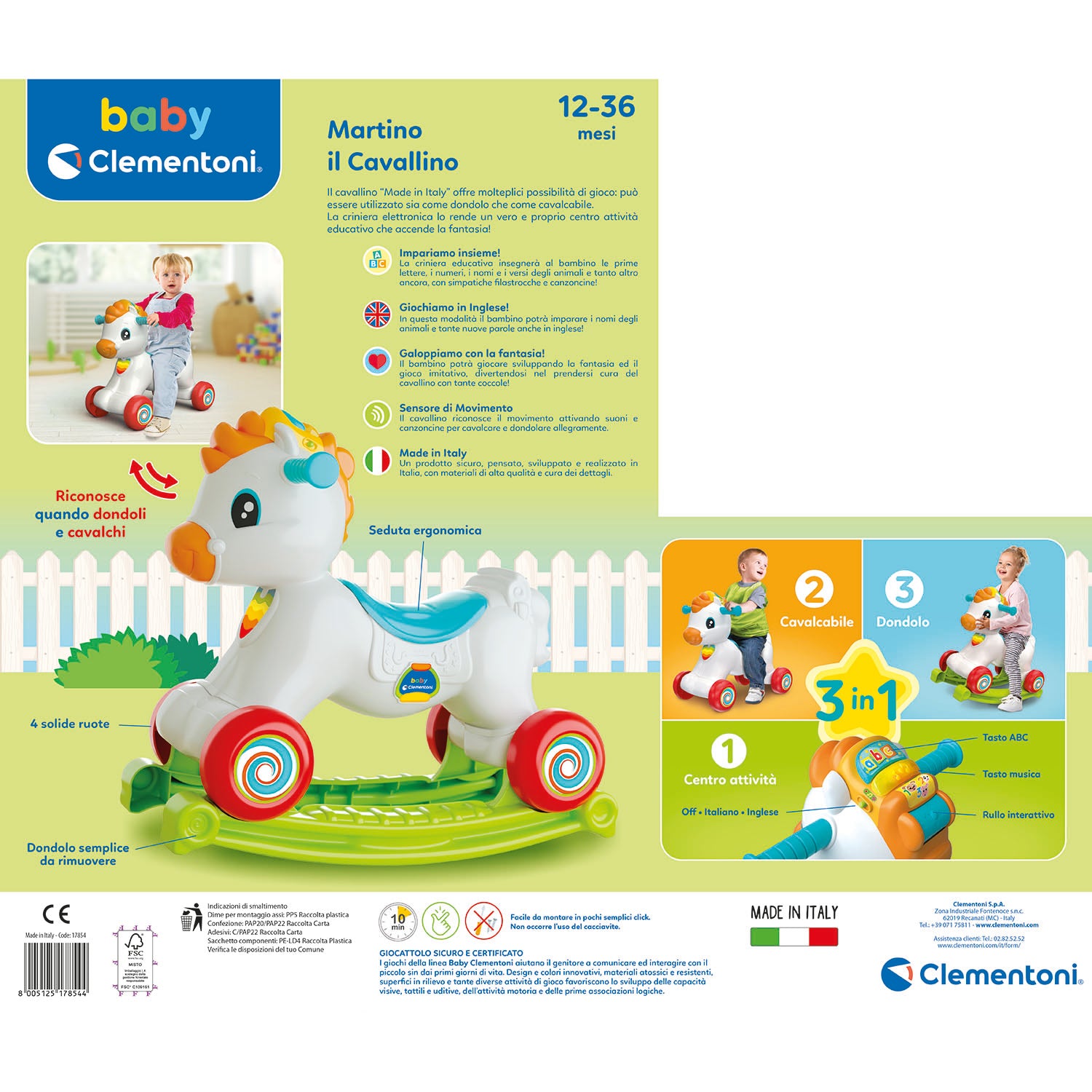 CLEMENTONI - Martino Il Cavallino 3 in 1 - Cavalca, Dondola, Impara