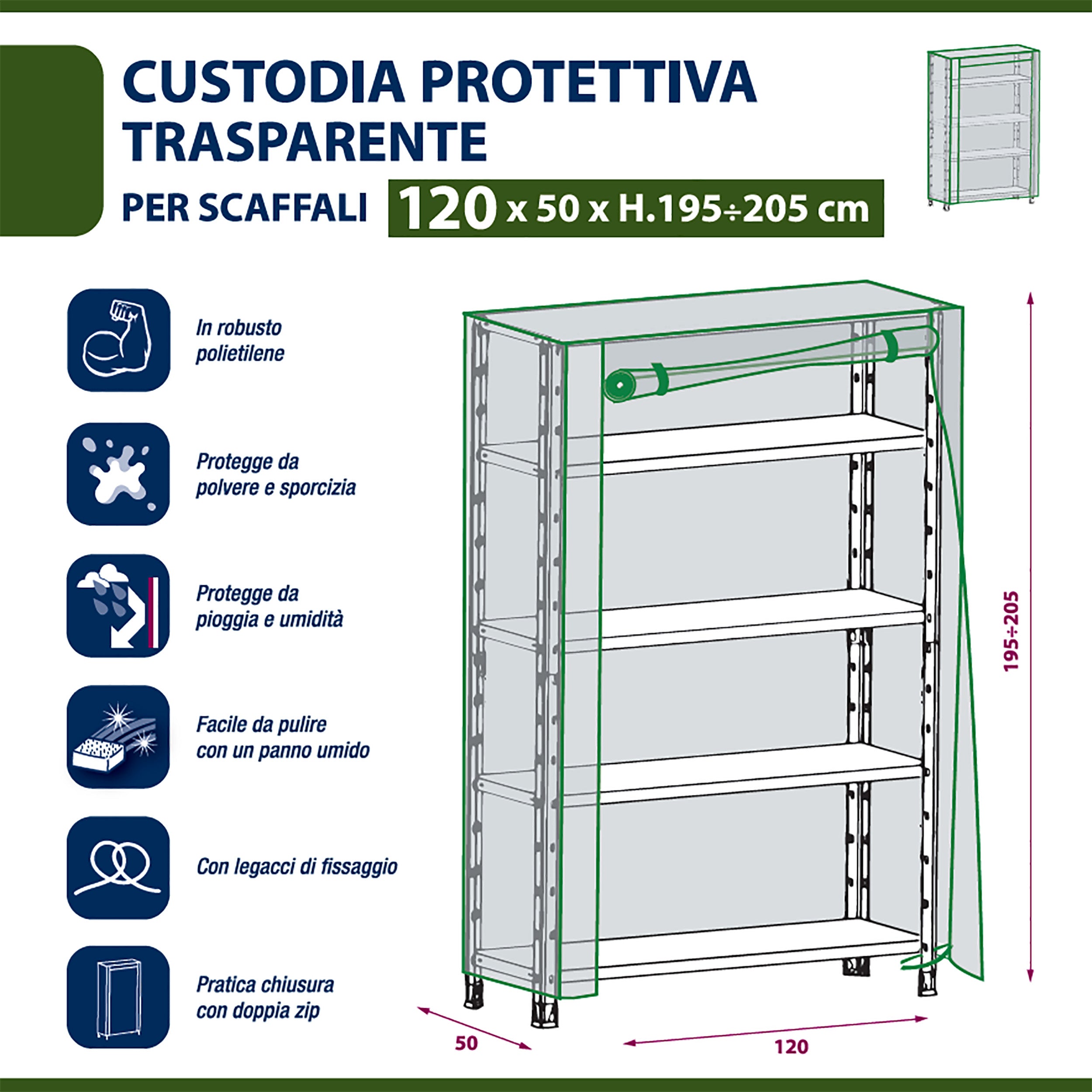 DOMOLIVING - Custodia Protettiva Trasparente per scaffali - 205/195x120x50 cm