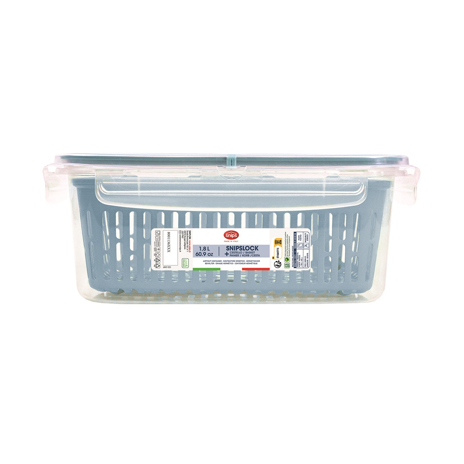 SNIPS - Contenitore Rettangolare Veggie SnipsLock con cestello 1,8 Litri Azzurro
