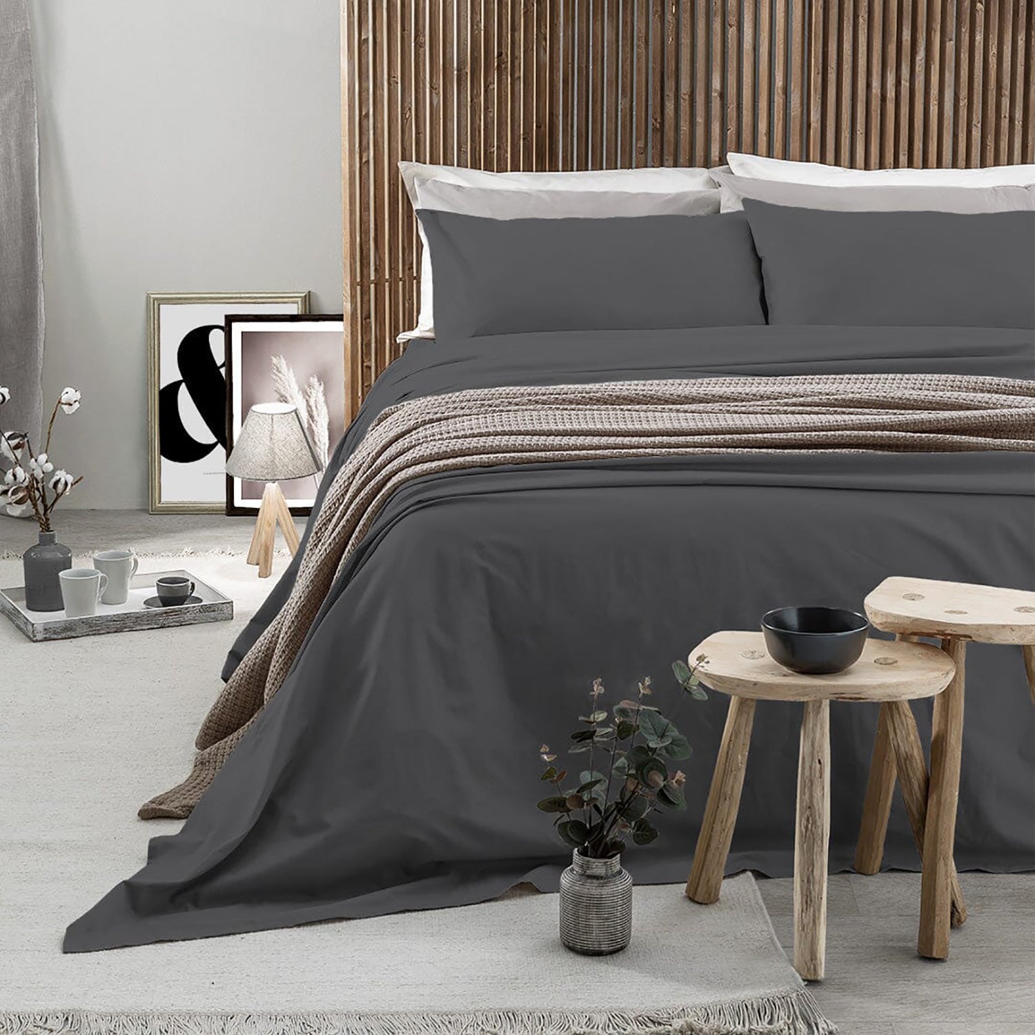 AMO LA CASA - Completo Letto Matrimoniale in Cotone Tinta Unita Grigio Scuro 4 Pezzi
