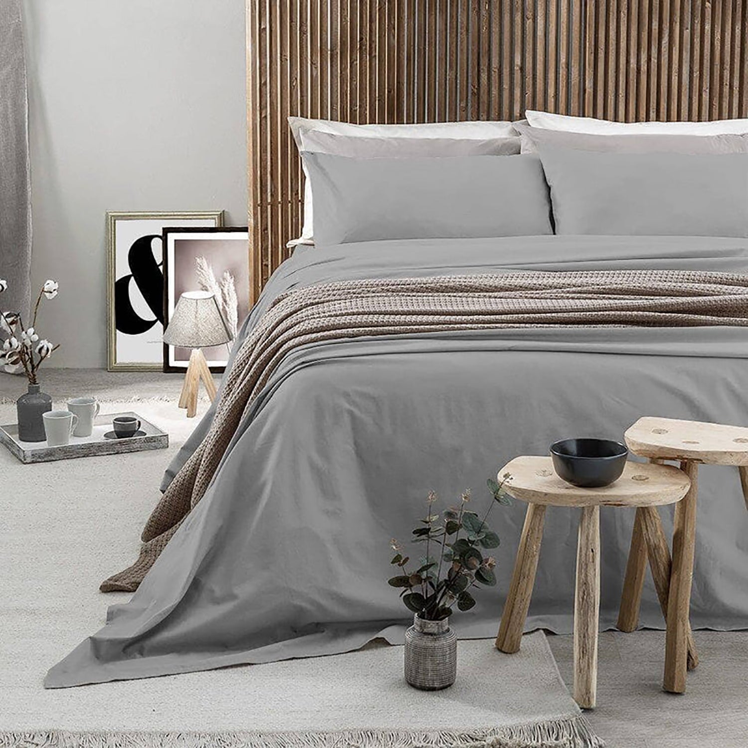 AMO LA CASA - Completo Letto Matrimoniale in Cotone Tinta Unita Grigio Chiaro 4 Pezzi