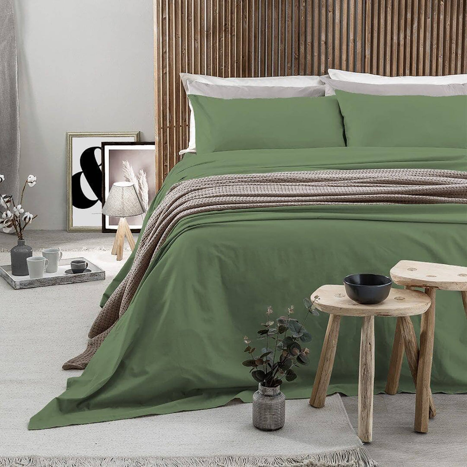 AMO LA CASA - Completo Letto Matrimoniale in Cotone Tinta Unita Verde 4 Pezzi