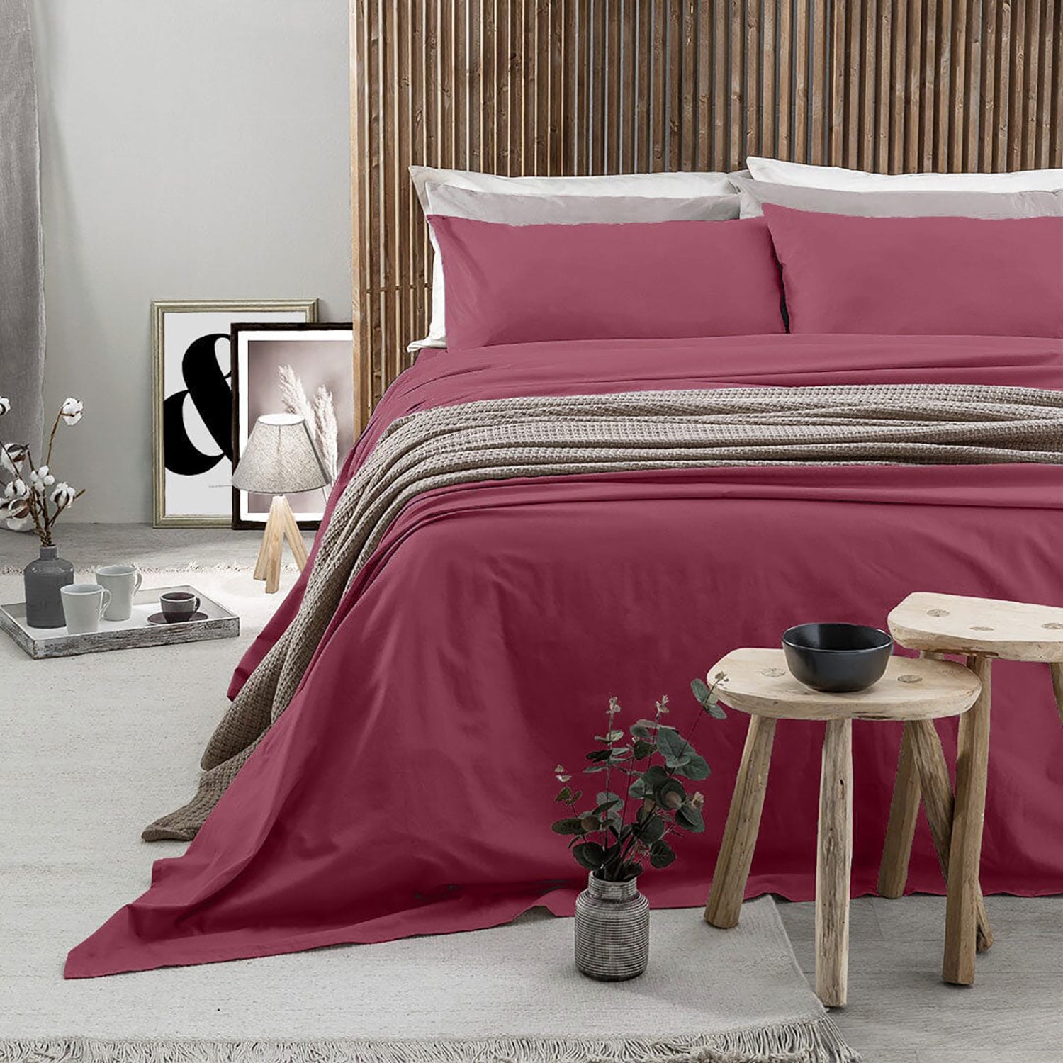 AMO LA CASA - Completo Letto Matrimoniale in Cotone Tinta Unita Burgundy 4 pezzi