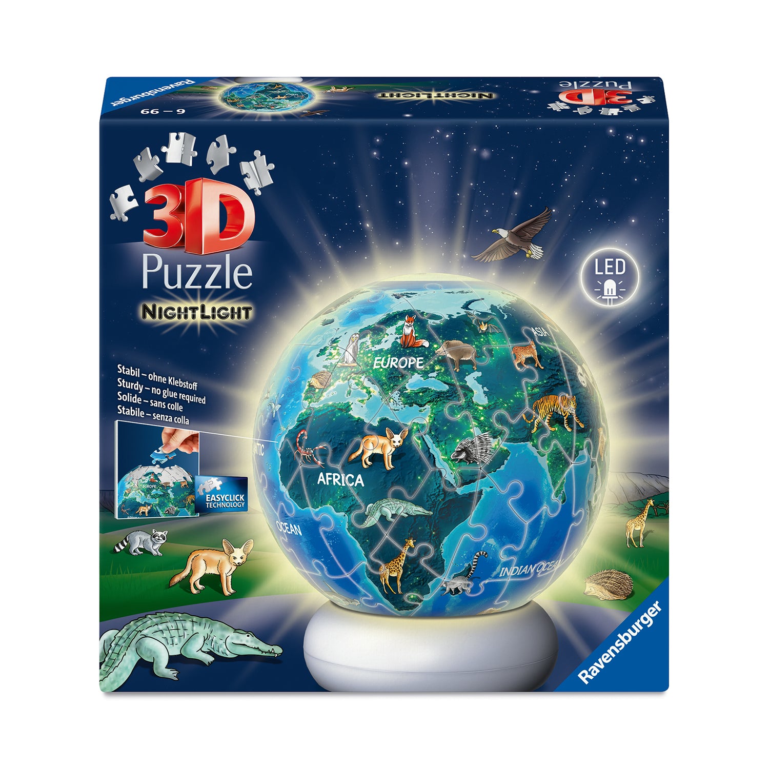 RAVENSBURGER - Puzzle 3D Night Light Globo Animali con Luce LED 6+ Anni