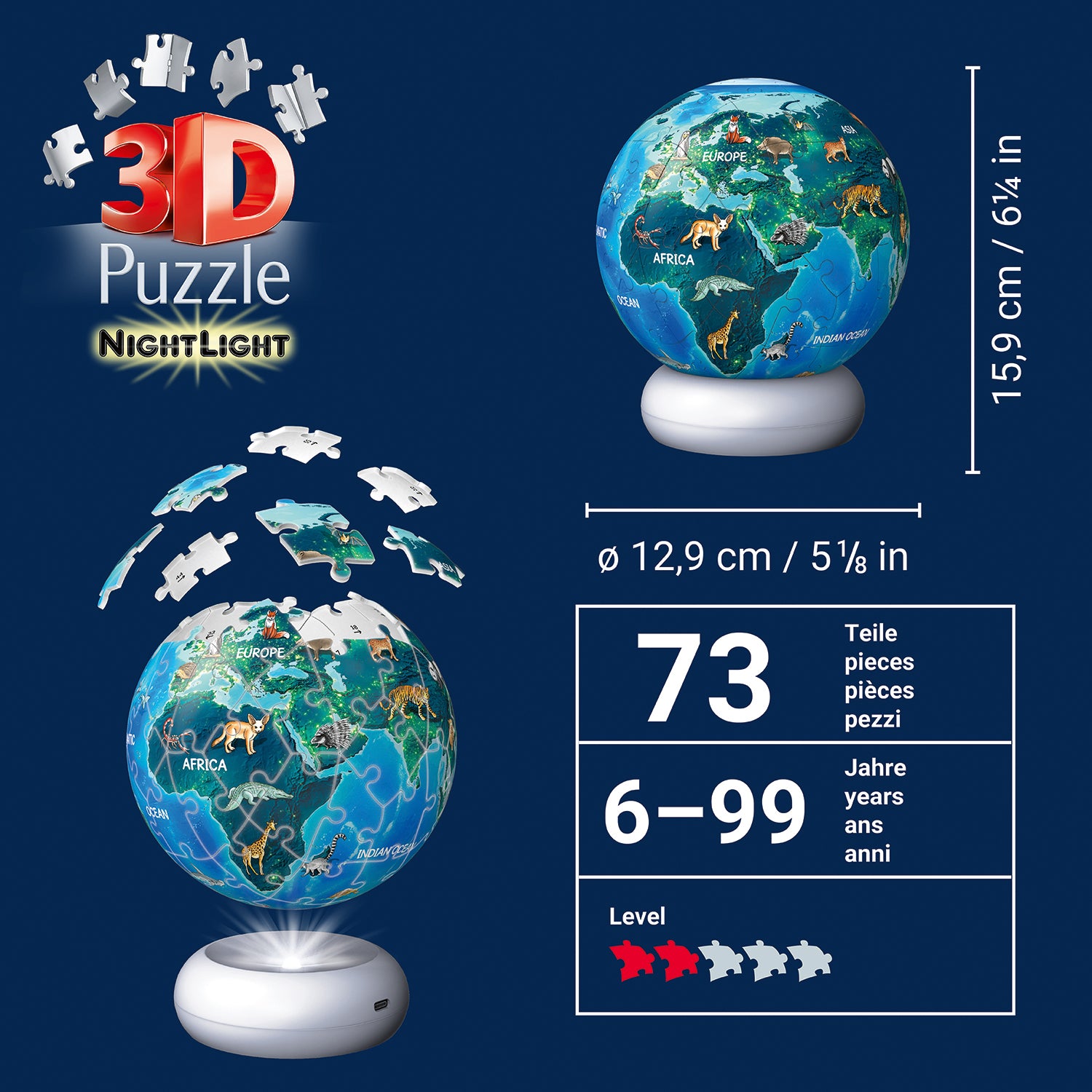 RAVENSBURGER - Puzzle 3D Night Light Globo Animali con Luce LED 6+ Anni