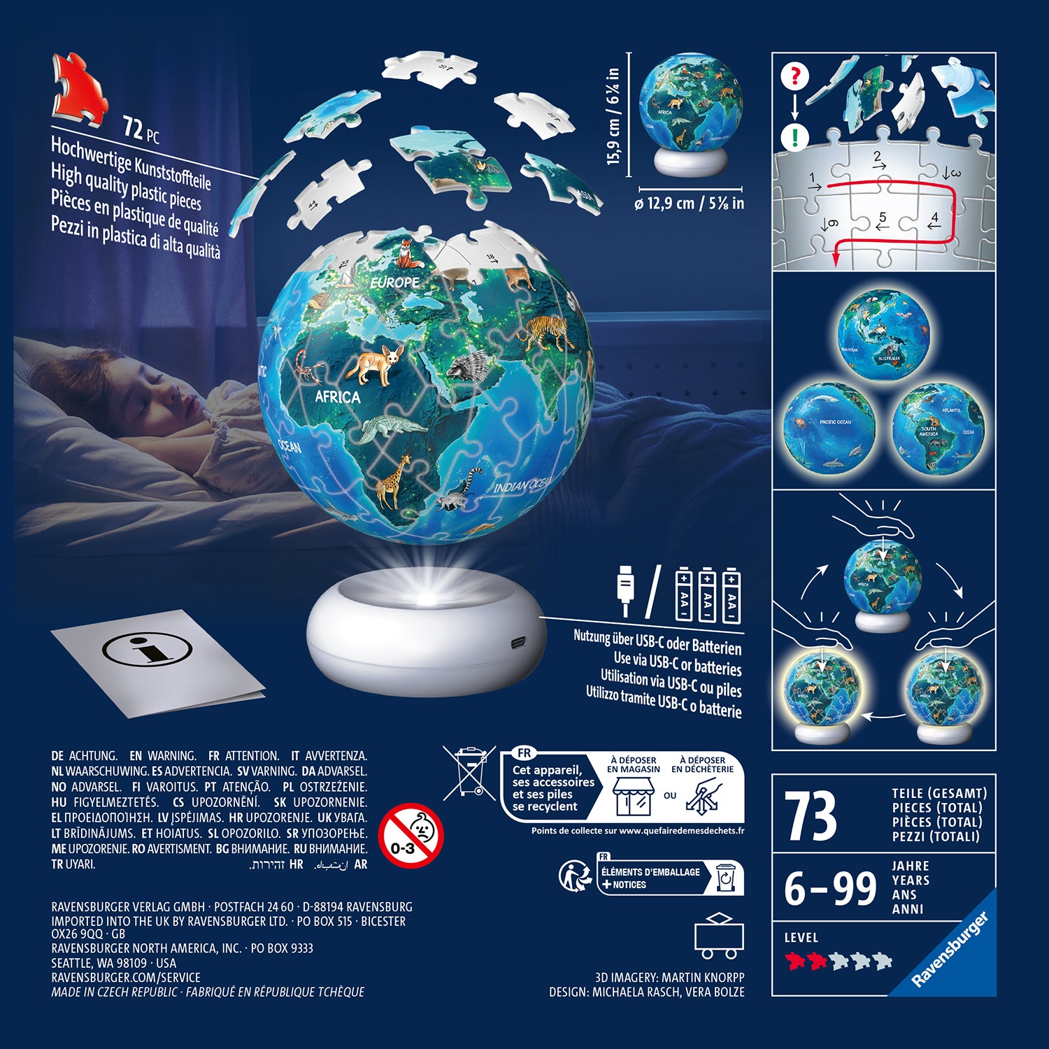 RAVENSBURGER - Puzzle 3D Night Light Globo Animali con Luce LED 6+ Anni