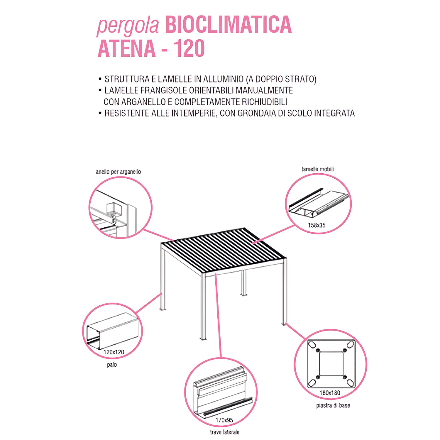 VERDELOOK - Pergola Bioclimatica Atena 120 Grigia 4x4 metri
