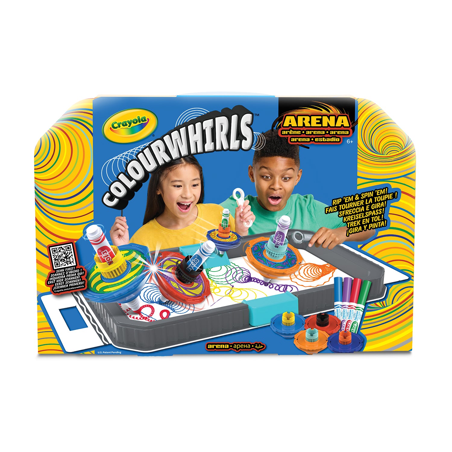 CRAYOLA - Colour Whirls Arena Set Creativo con Trottole Coloranti e Arena da Gioco Portatile - Lancia, gira, colora e divertiti!