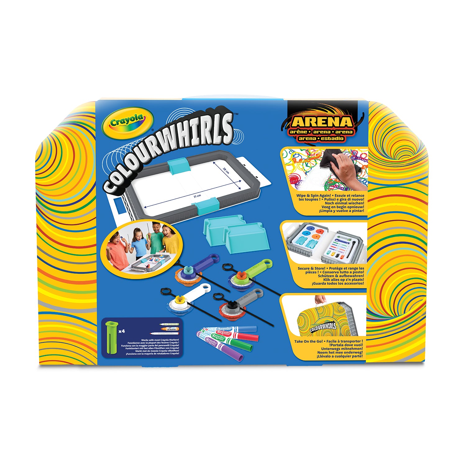CRAYOLA - Colour Whirls Arena Set Creativo con Trottole Coloranti e Arena da Gioco Portatile - Lancia, gira, colora e divertiti!
