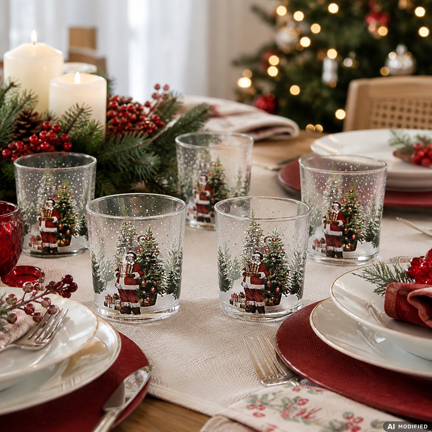 GUSTO CASA - Bicchieri Natalizi in Vetro Decorazione Babbo Natale e Albero di Natale 25 cl - Set 6 pezzi