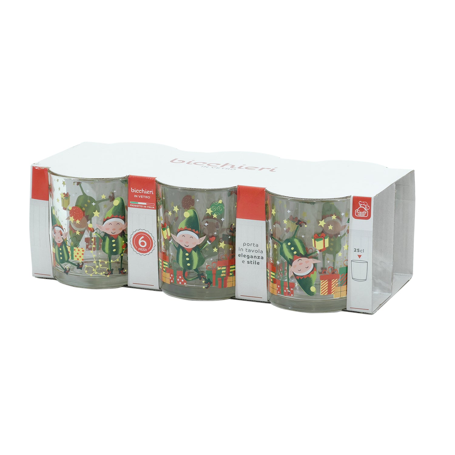 GUSTO CASA - Bicchieri con motivo natalizio Elfi 25 cl - set 6 pezzi