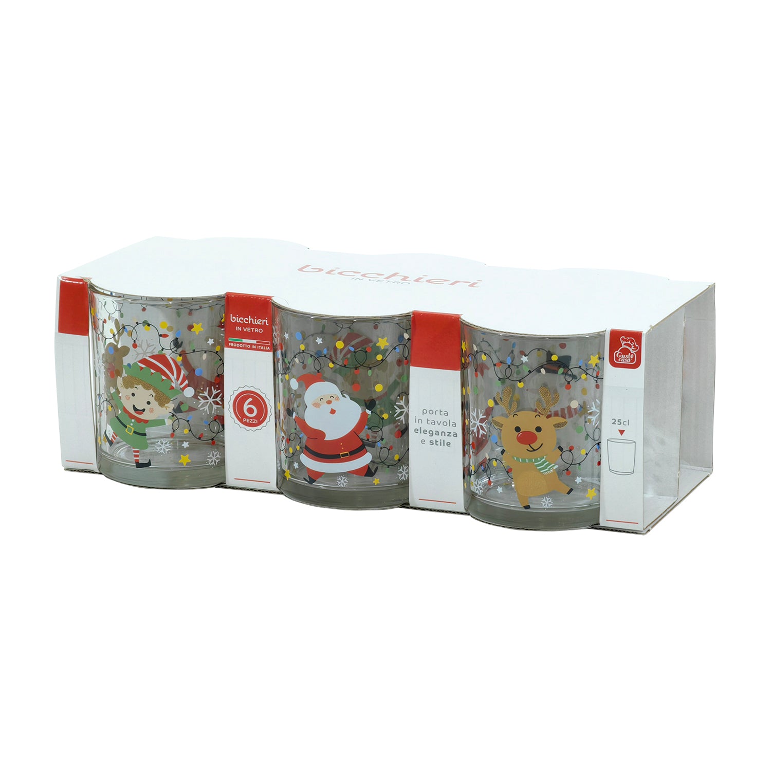 GUSTO CASA - Bicchieri Natalizi in Vetro con Personaggi e luci colorate 25 cl - Set 6 pezzi
