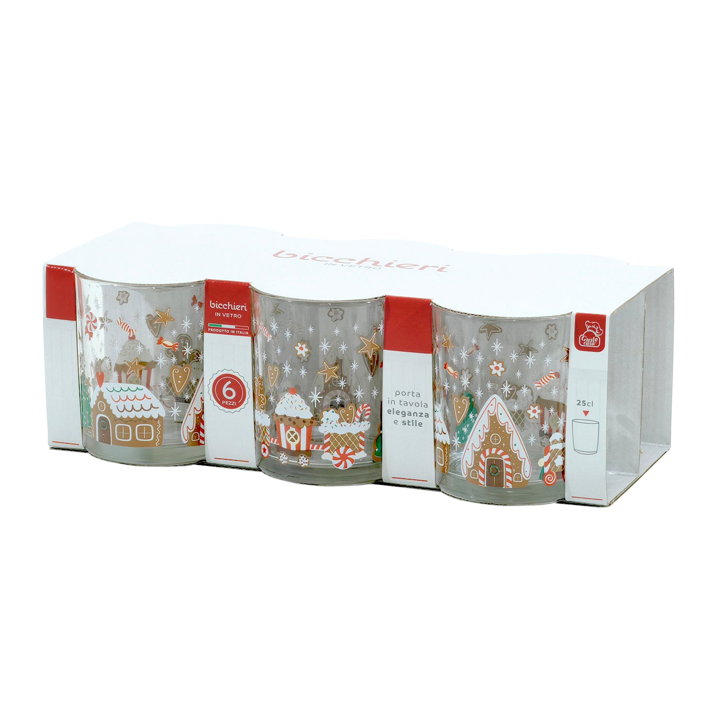 GUSTO CASA - Bicchieri Natalizi in Vetro Linea Pan di Zenzero 25 cl - Set 6 pezzi