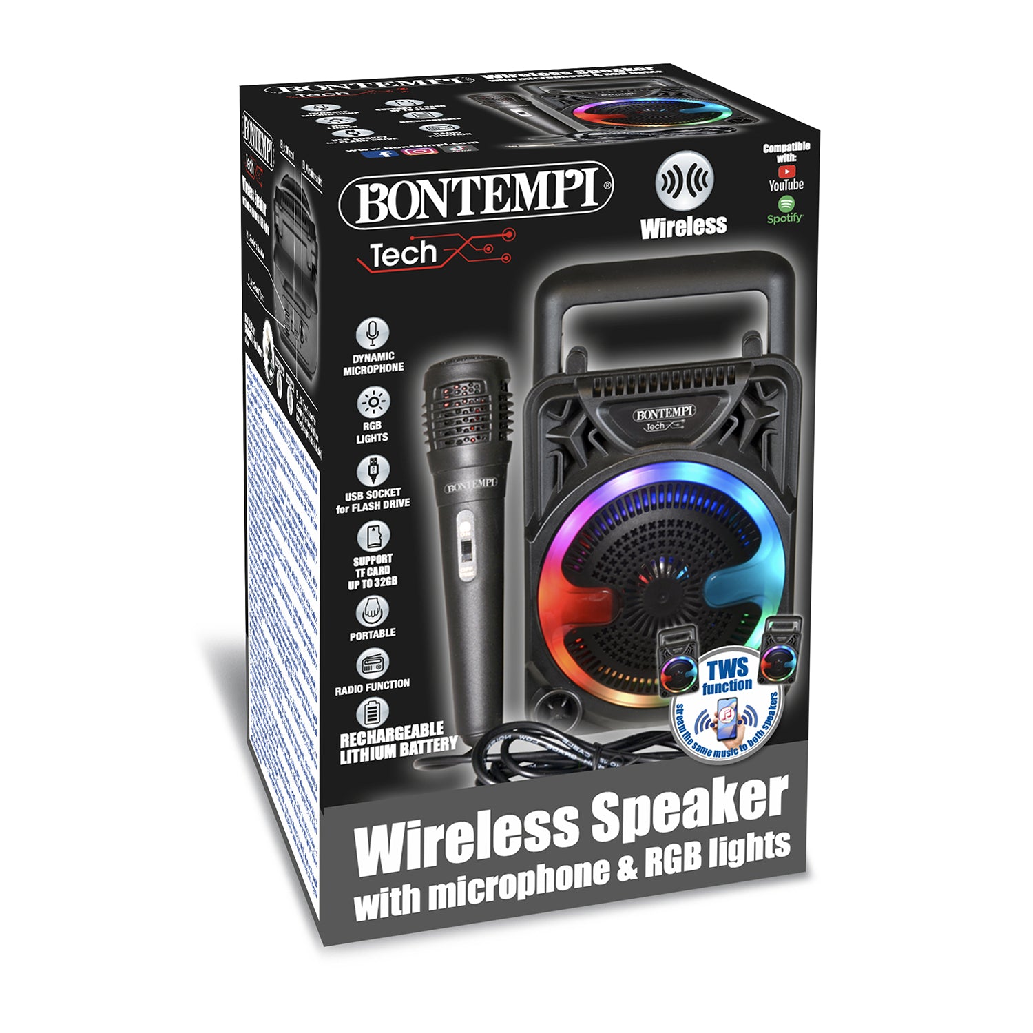 BONTEMPI - Mini Speaker Wireless Tech con Microfono e Luci RGB