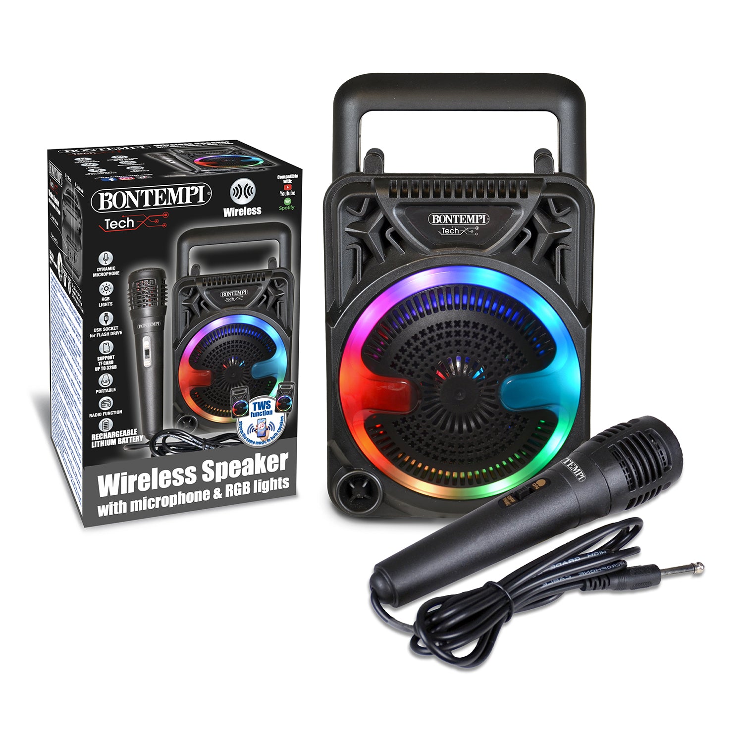BONTEMPI - Mini Speaker Wireless Tech con Microfono e Luci RGB