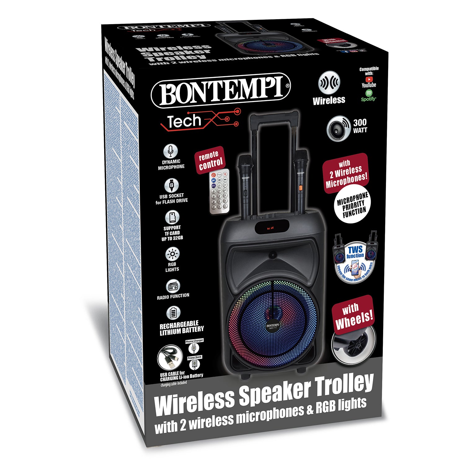 BONTEMPI - Speaker Bluetooth Wireless Trolley Tech 300W con 2 Microfoni e Luci RGB