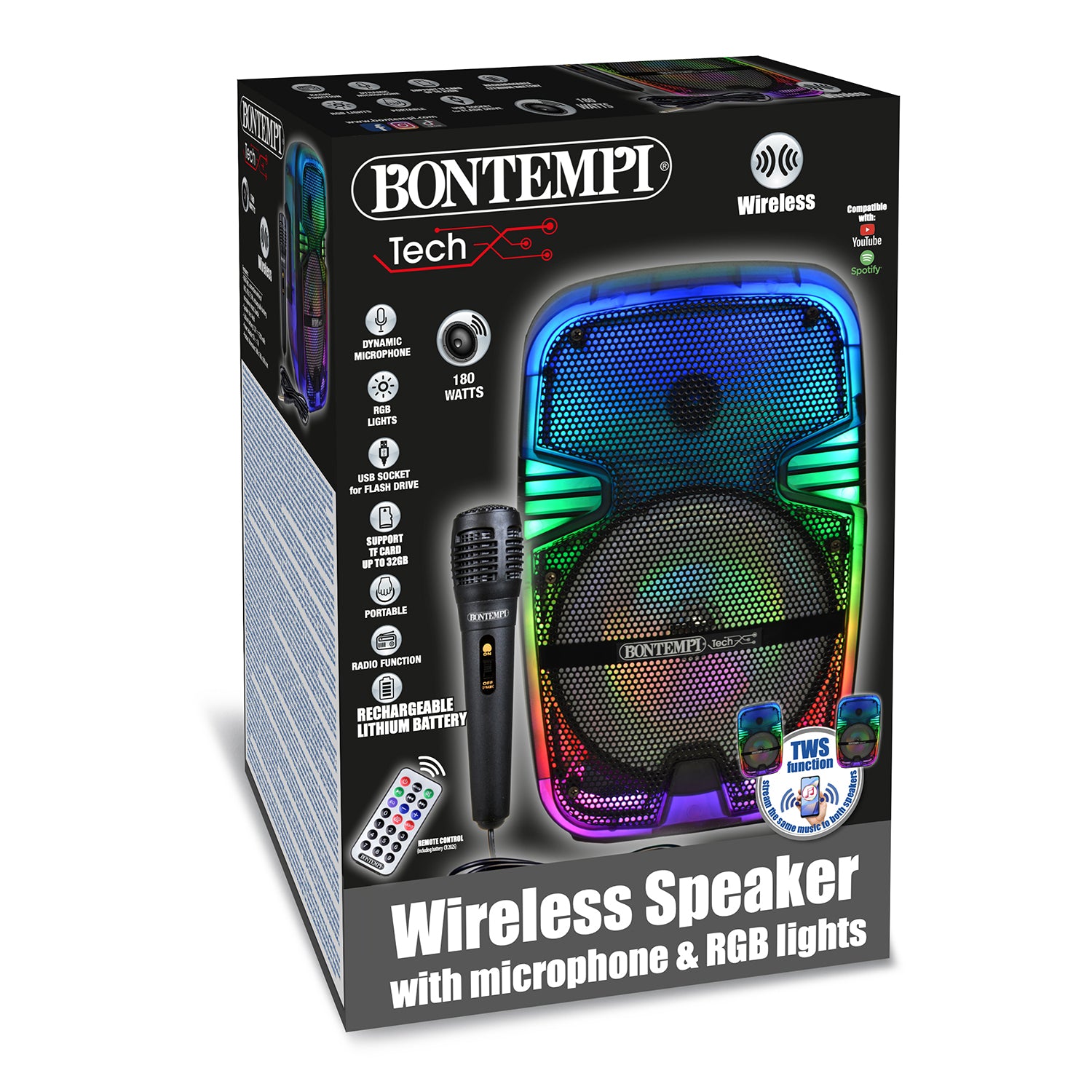 BONTEMPI - Speaker Bluetooth Wireless Tech 180W con Microfono e Luci RGB