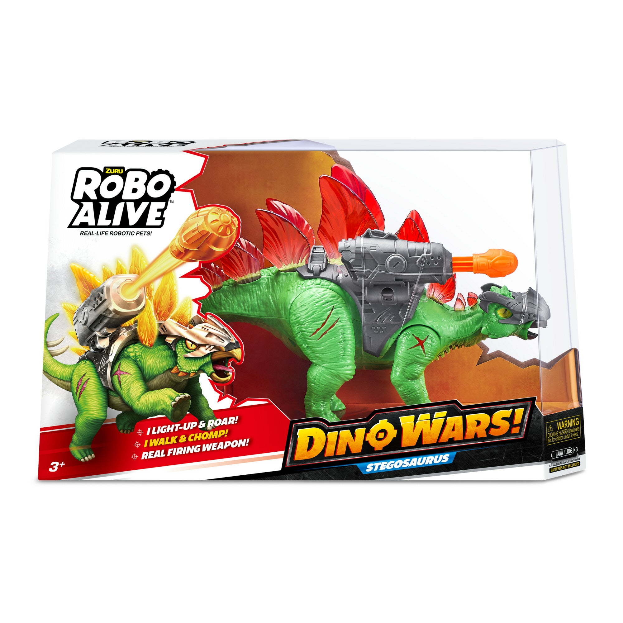 ZURU - Robo Alive Dino Wars Stegosaurus - Dinosauro Robotico con Luci, Suoni e Lancia Proiettili
