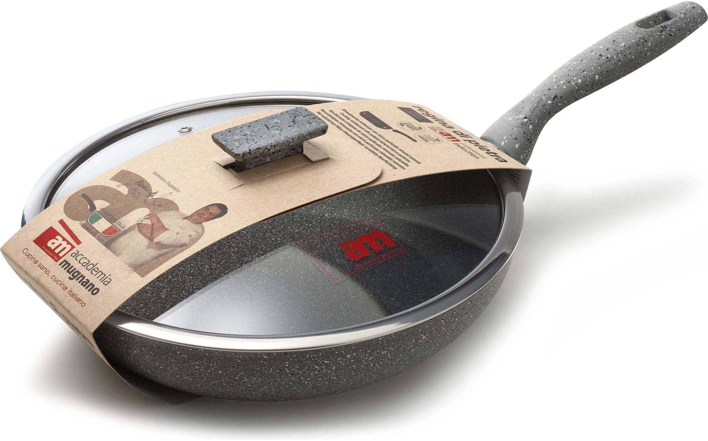 ACCADEMIA MUGNANO - Padella antiaderente con coperchio in vetro Regina di pietra Induction diametro 24 cm