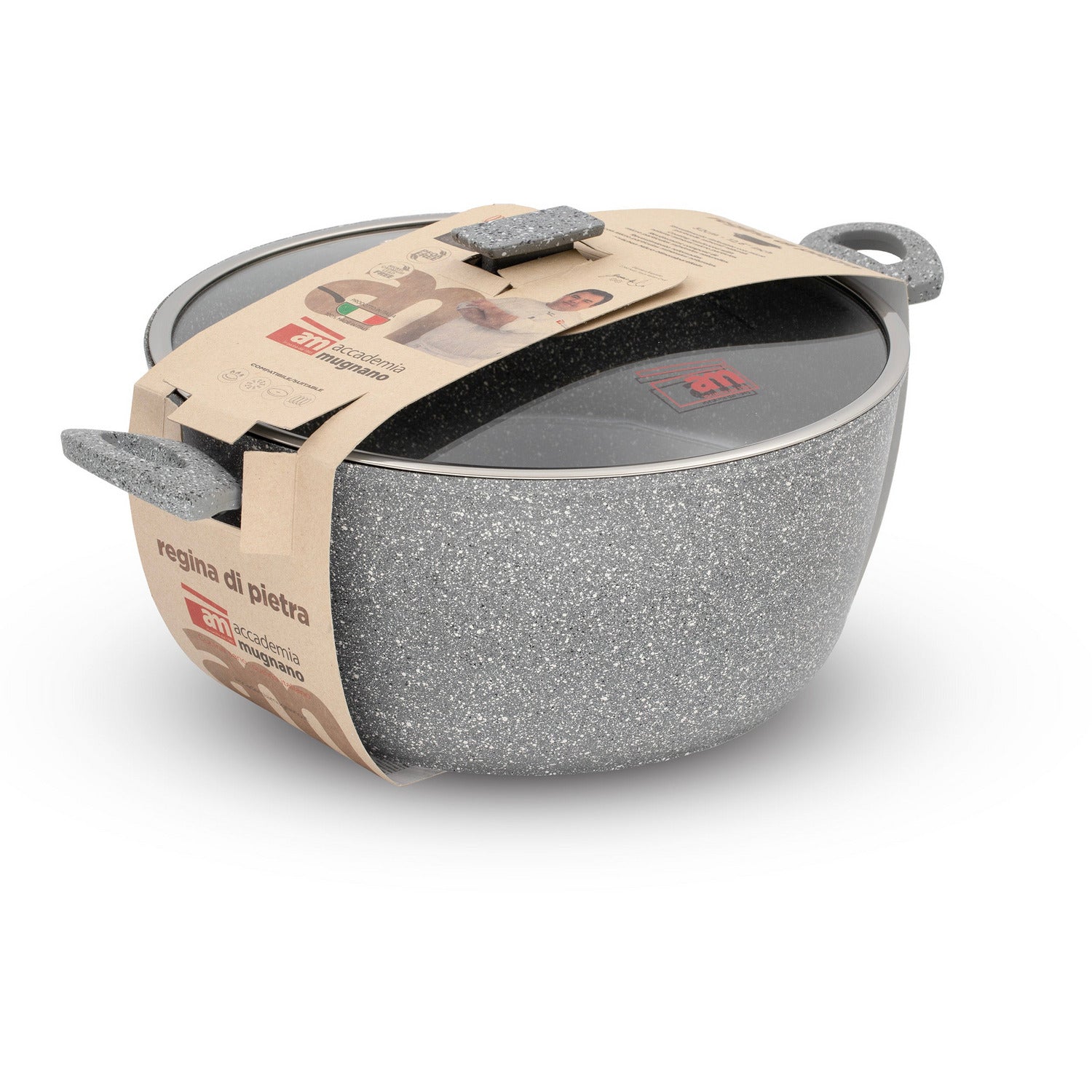 ACCADEMIA MUGNANO - Casseruola antiaderente 2 manici con coperchio in vetro Regina di pietra Induction - diametro 32 cm