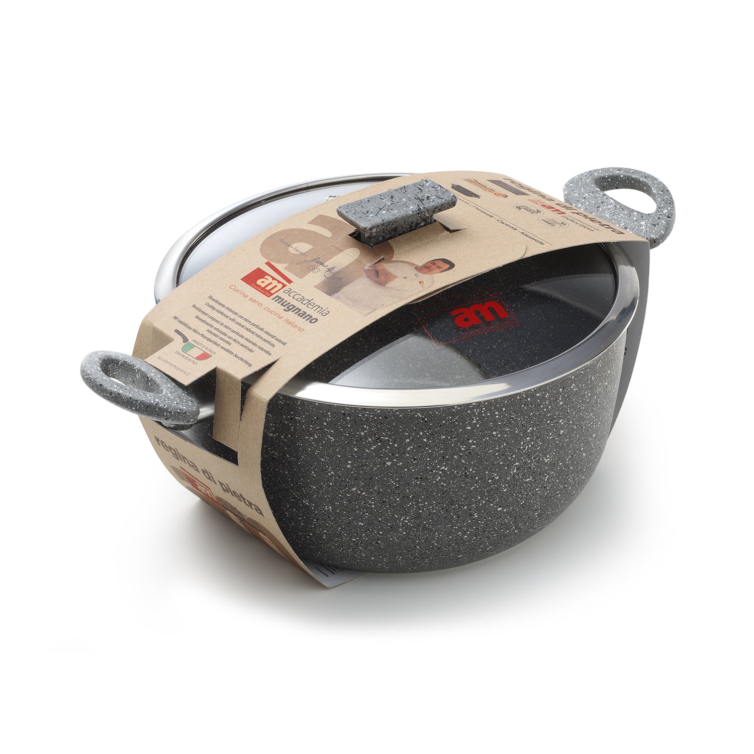 ACCADEMIA MUGNANO - Casseruola antiaderente 2 manici con coperchio in vetro Regina di pietra Induction diametro 20 cm