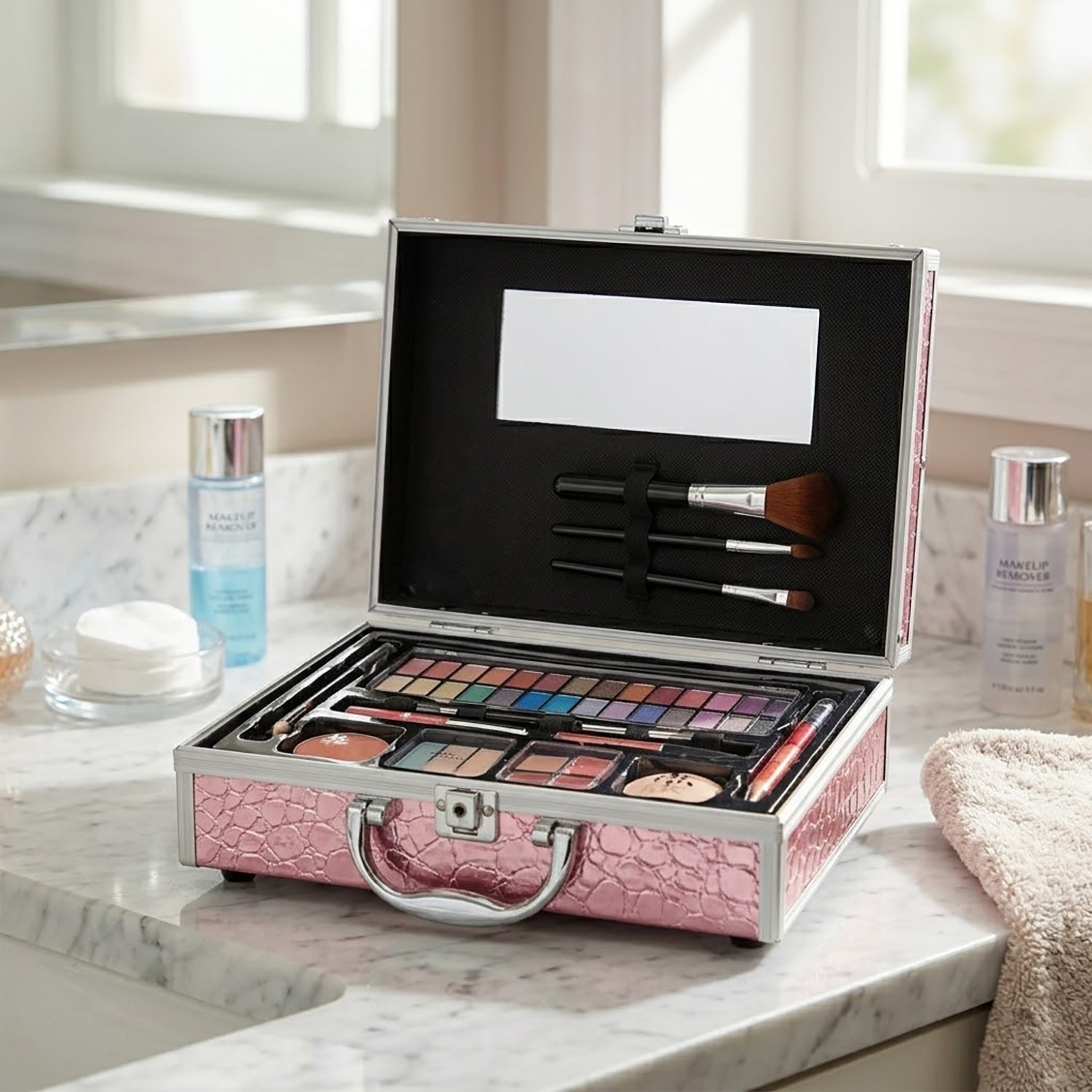 SANDEL - Valigetta Make-Up 46 Pezzi Effetto Coccodrillo Rosa - h23,5x17x7,5 cm
