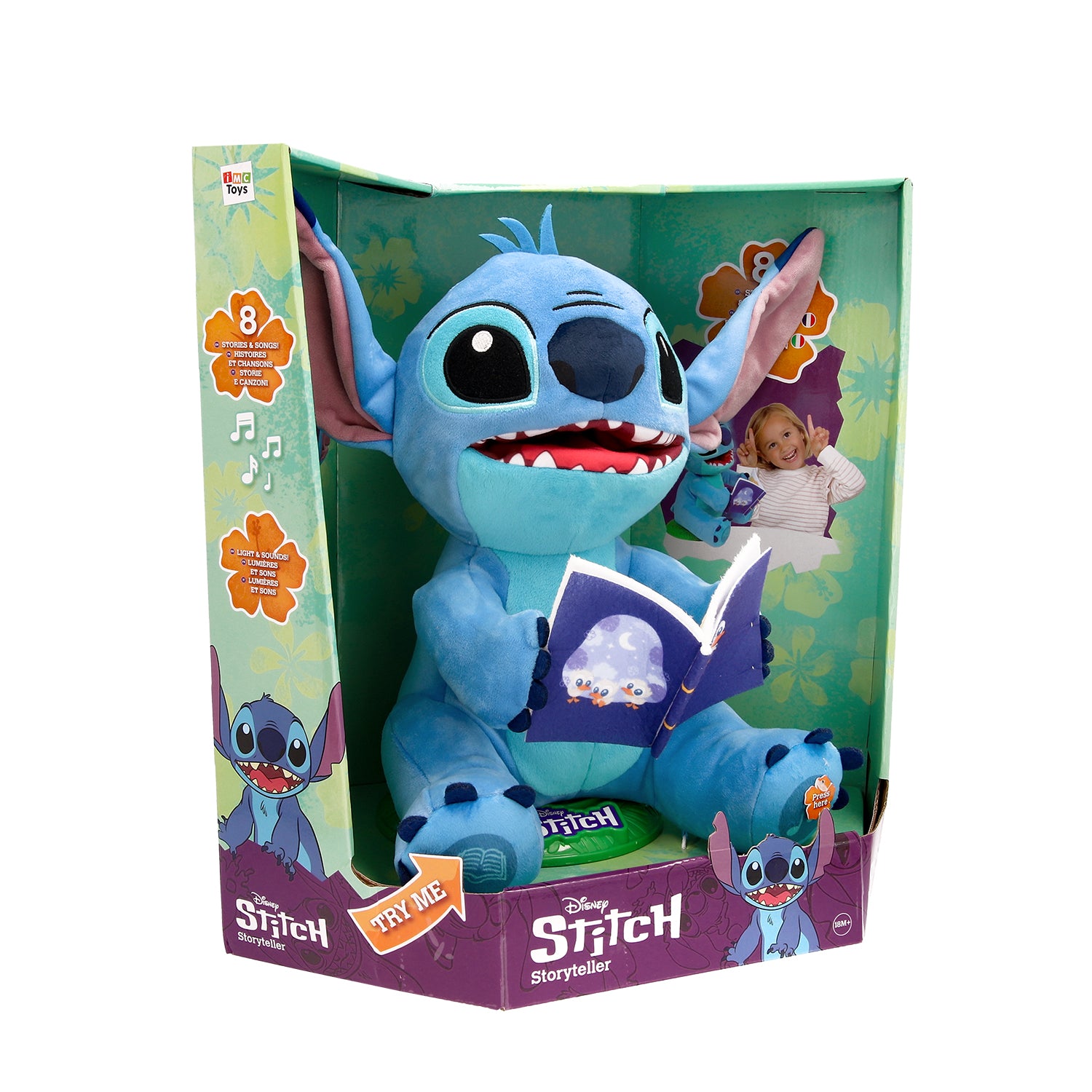 IMC TOYS - Disney Stitch Storyteller Peluche Interattivo Cantastorie con 4 Storie, 4 Canzoni e Luce Notturna 18+ Mesi