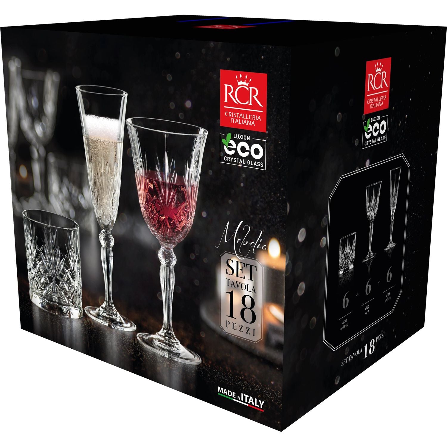 RCR CRISTALLERIA ITALIANA - Set Tavola 18 pezzi in vetro Melodia - Bicchieri e Calici