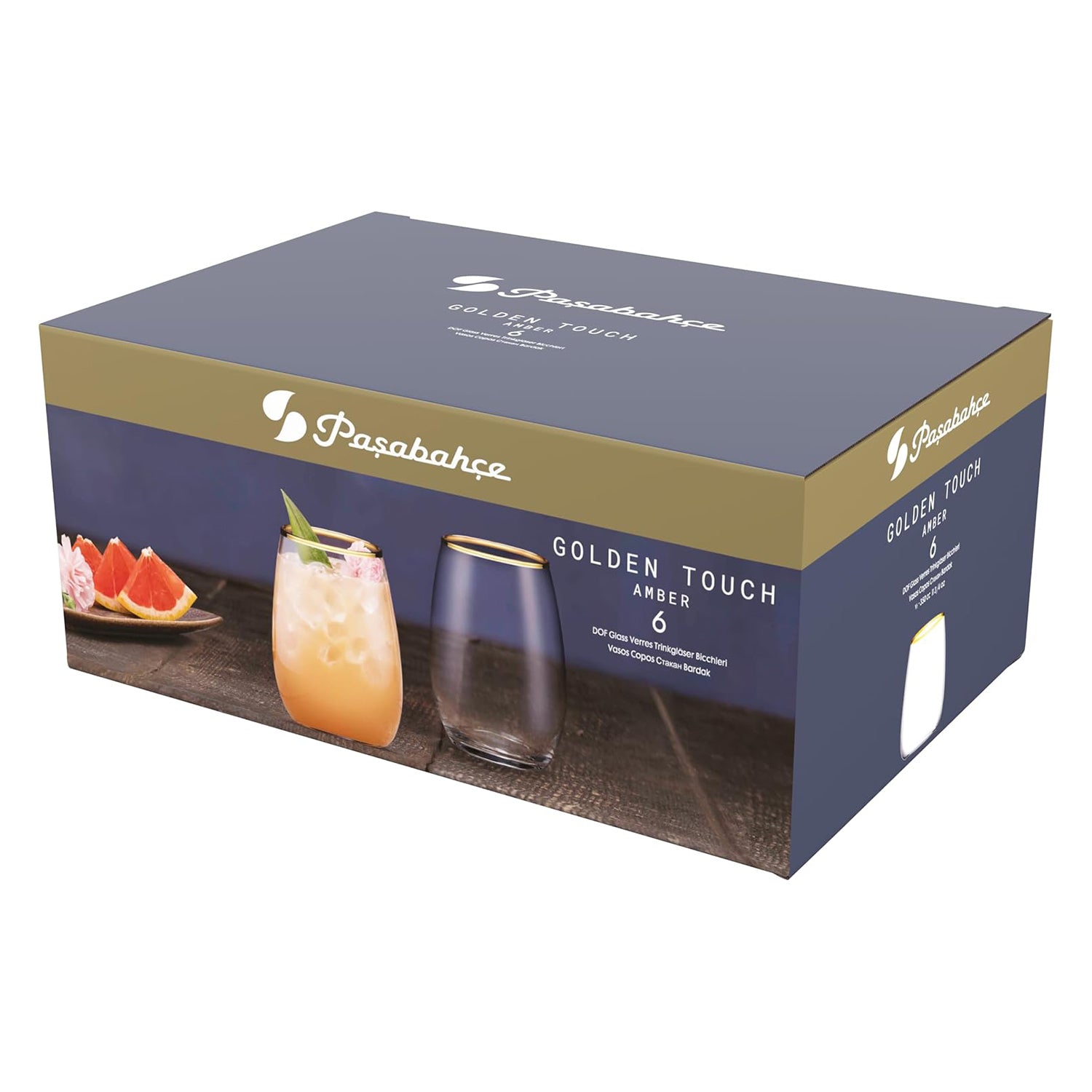 PASABAHCE - Bicchieri in Vetro Golden Touch Amber con Bordo Oro 35 cl - set 6 pezzi