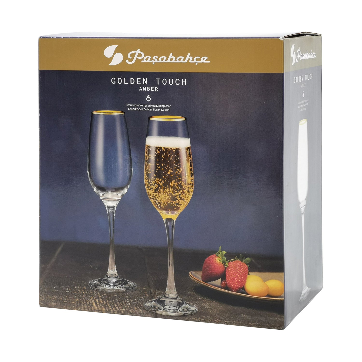 PASABAHCE - Calici Flute in Vetro Golden Touch Amber con Bordo Oro 20 cl - set 6 pezzi