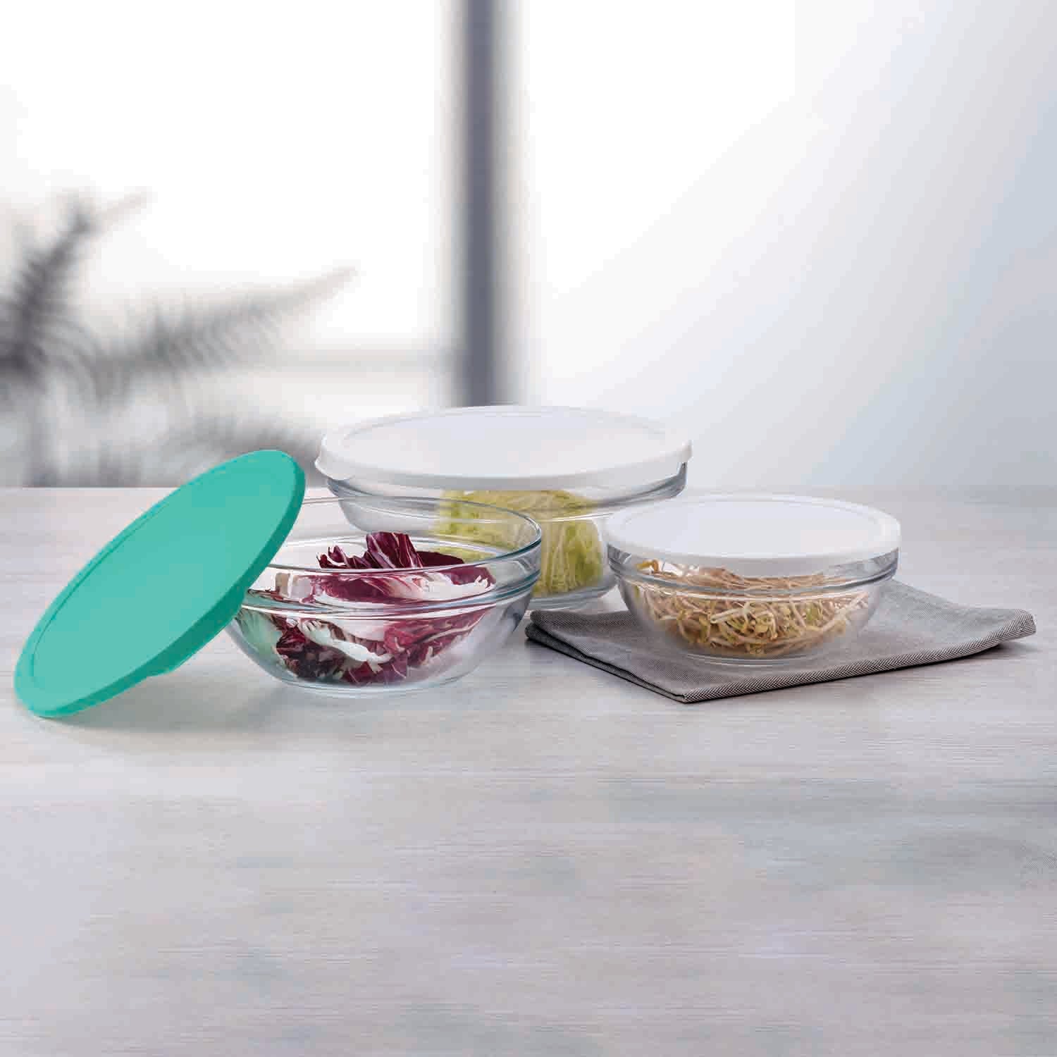 PASABAHCE - Set 3 Contenitori Snack con Coperchio - diametro 17/20/23 cm