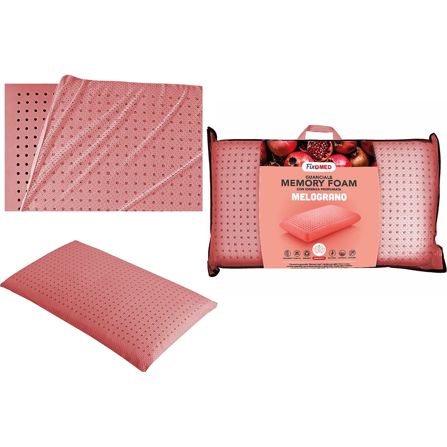 FIXOMED - Guanciale Memory Foam con essenza profumata Melograno Aromatherapy - h15x72x42 cm