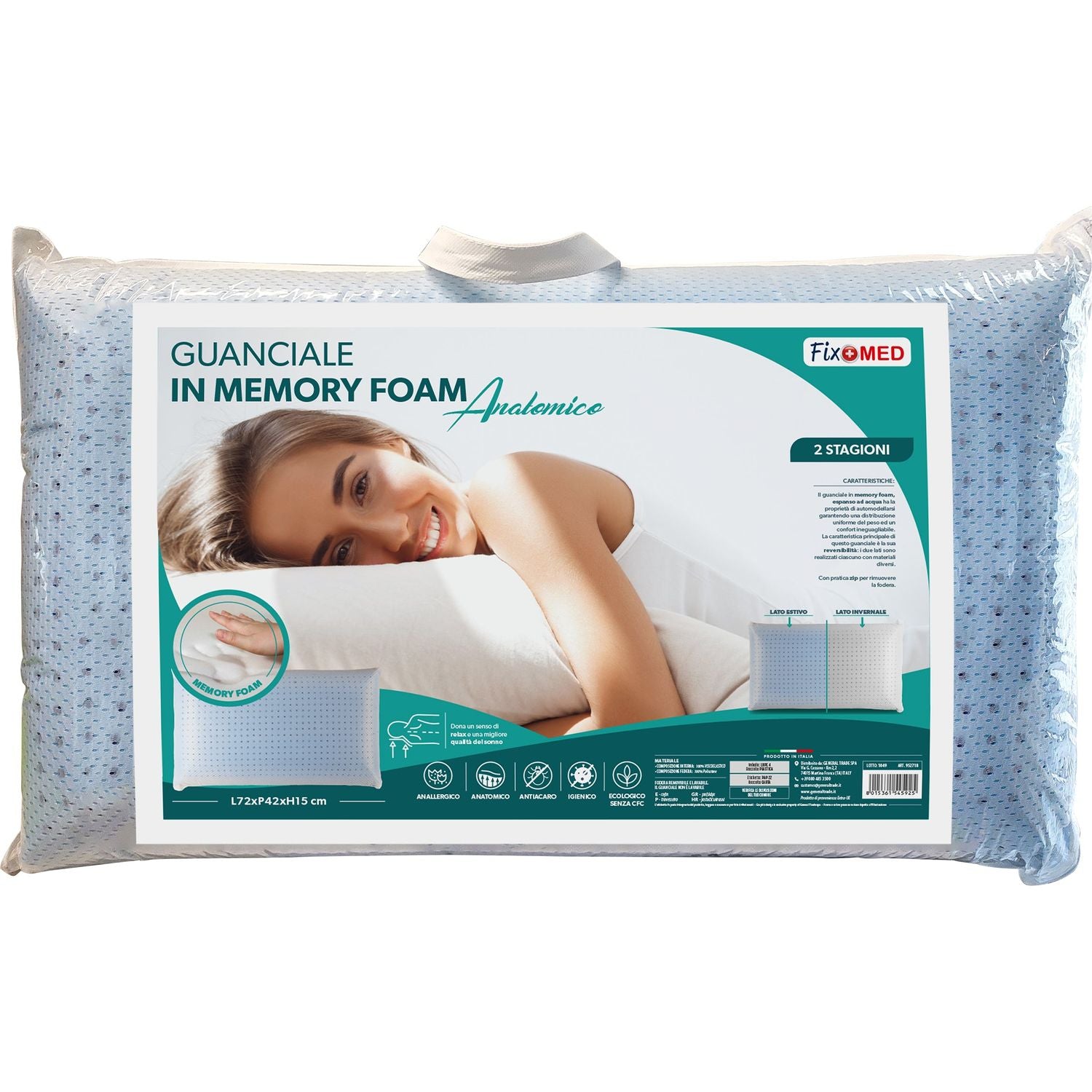 FIXOMED - Guanciale Memory Foam Anatomico Doppia Stagione - h15x72x42 cm