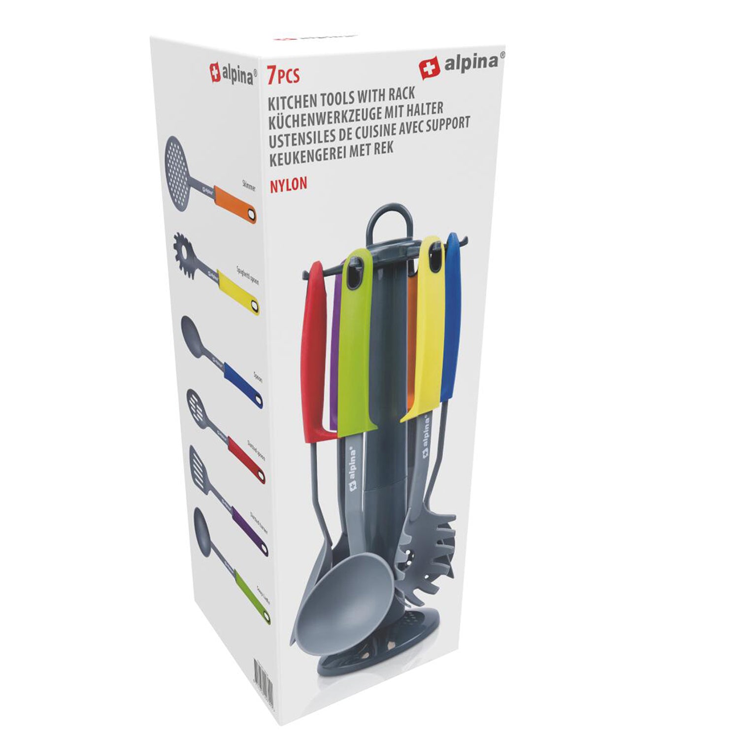 ALPINA - Set Utensili da Cucina in Nylon con Stand Grigio 7 Pezzi