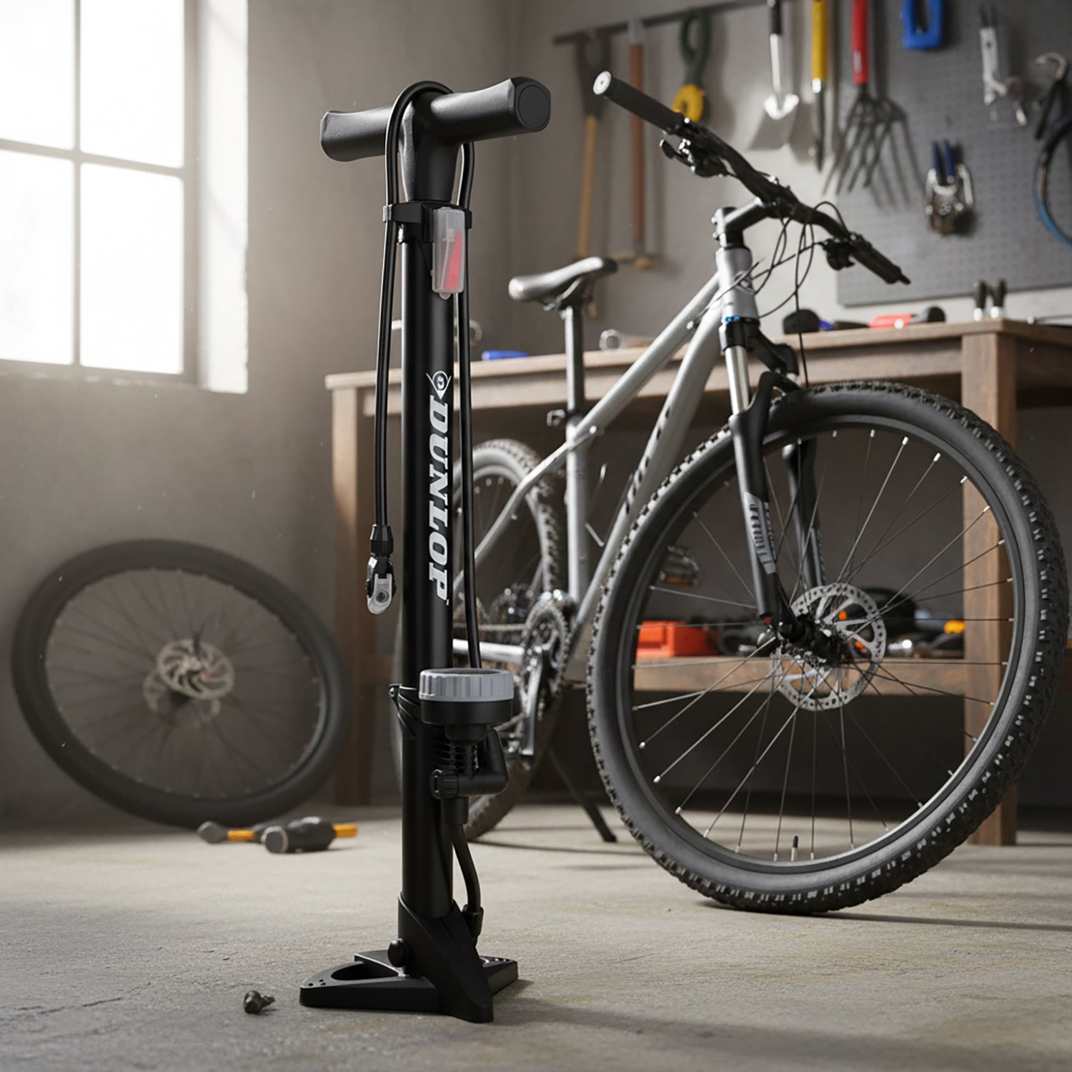 DUNLOP - Pompa da Terra per Bicicletta con Manometro Analogico e Adattatori - Compatibile con valvole Schrader, Presta e Dunlop