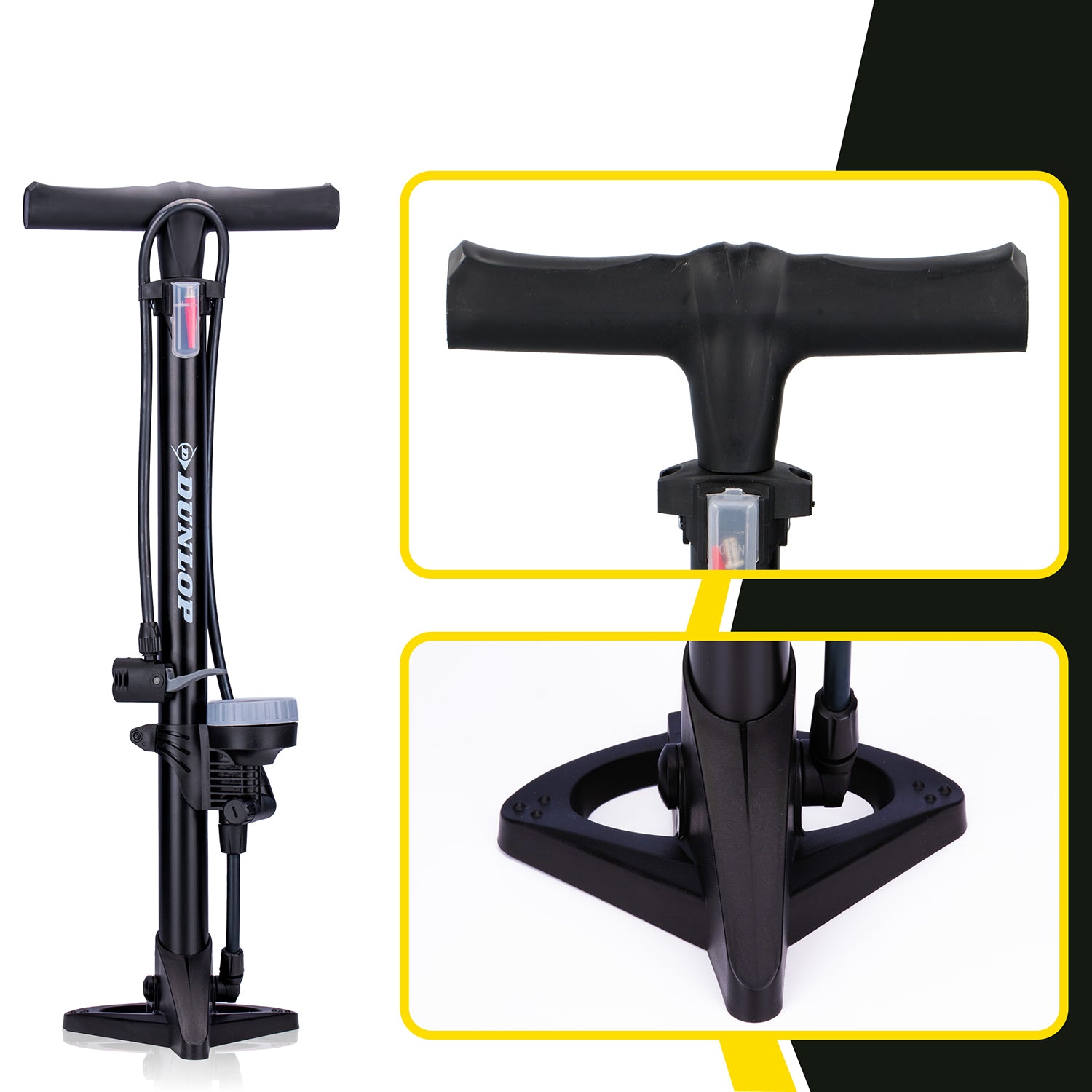 DUNLOP - Pompa da Terra per Bicicletta con Manometro Analogico e Adattatori - Compatibile con valvole Schrader, Presta e Dunlop
