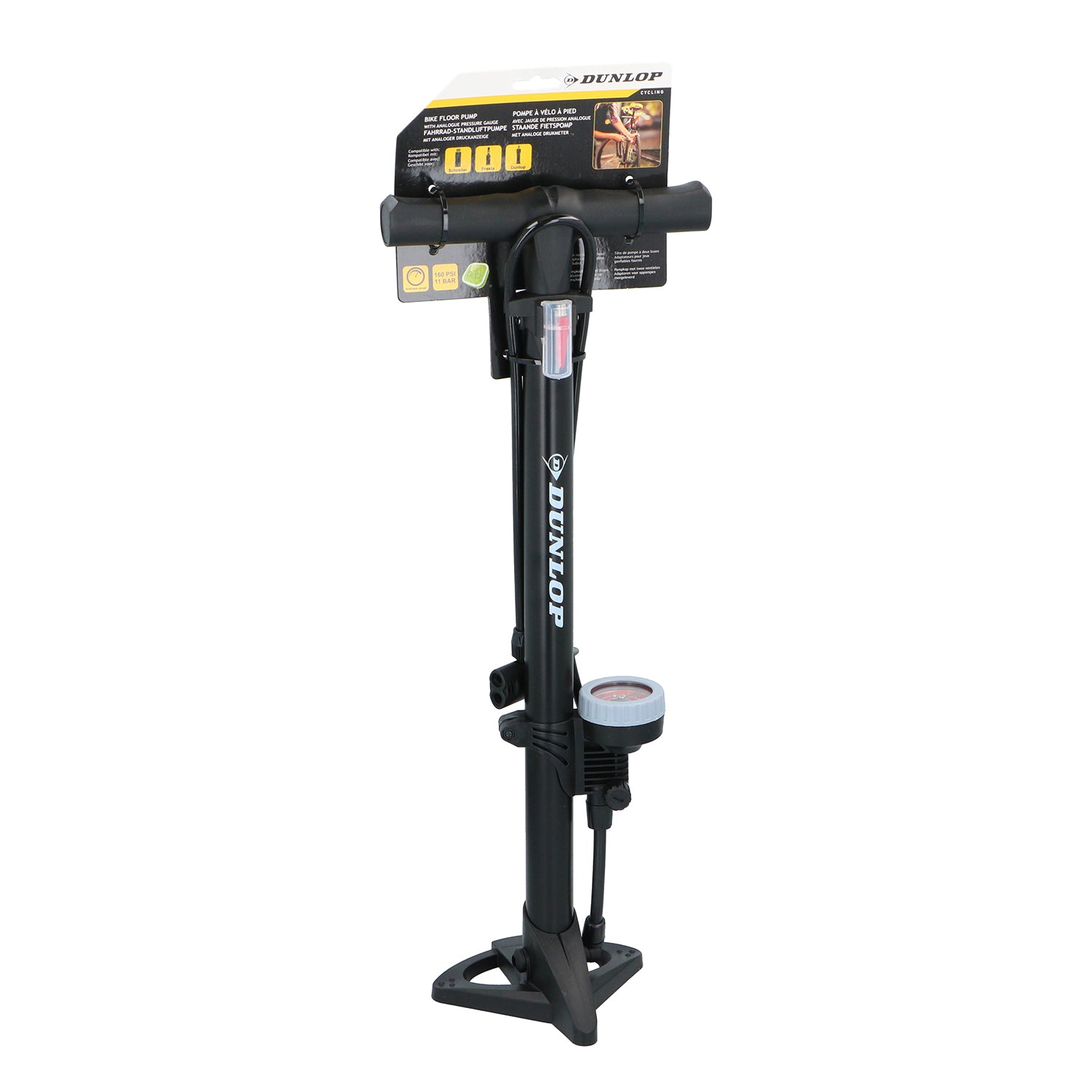 DUNLOP - Pompa da Terra per Bicicletta con Manometro Analogico e Adattatori - Compatibile con valvole Schrader, Presta e Dunlop