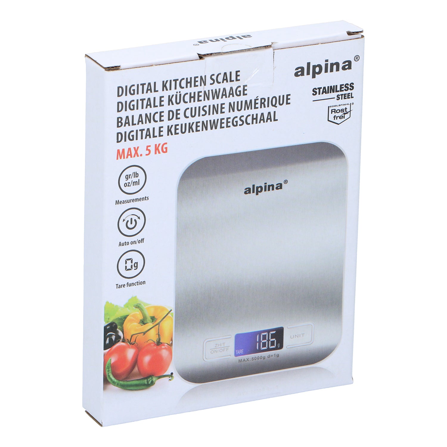 ALPINA - Bilancia Digitale da Cucina in Acciaio Inox 5 Kg