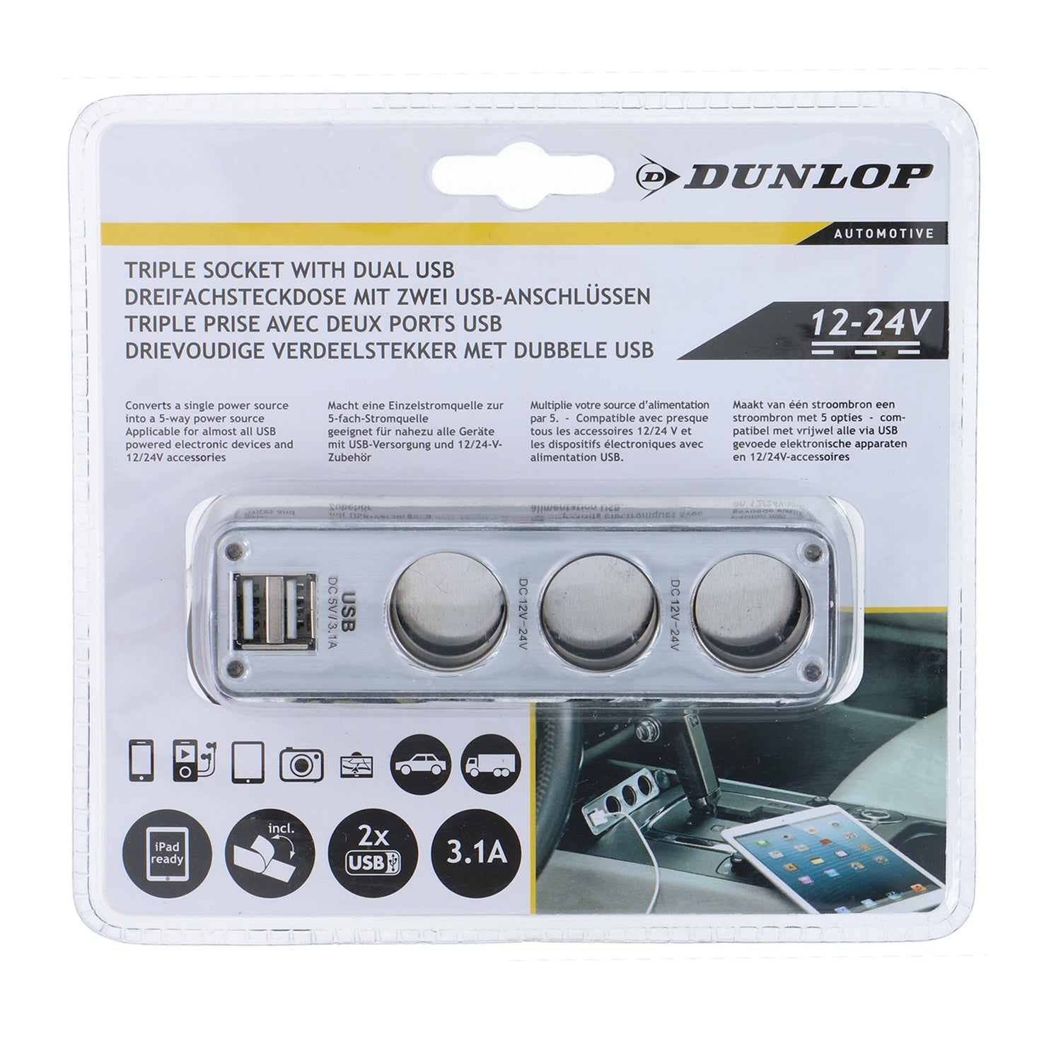 DUNLOP - Caricatore USB Auto 12/24V 3,1A con Presa Tripla
