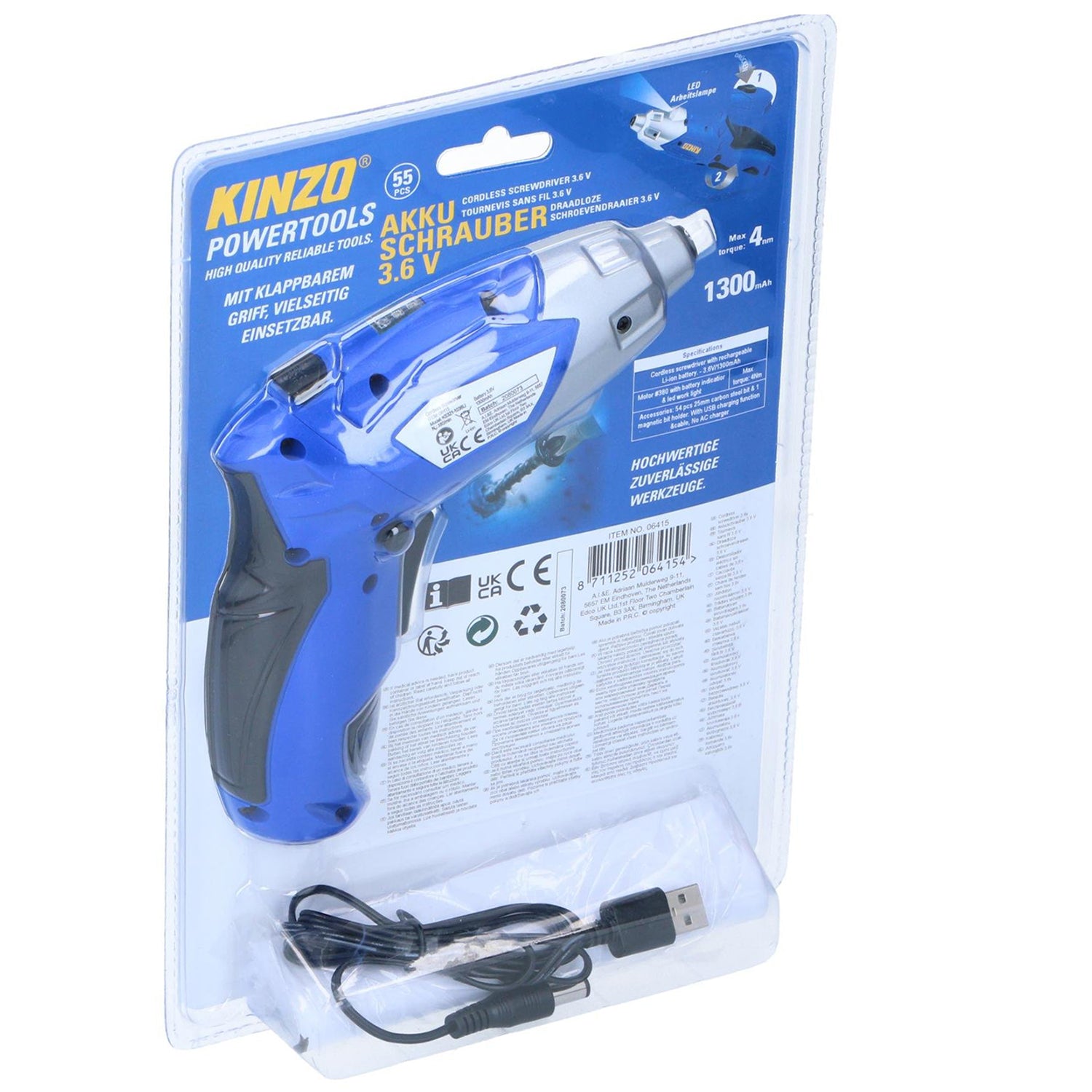 KINZO - Cacciavite Elettrico 3,6V Ricaricabile USB 55 pezzi