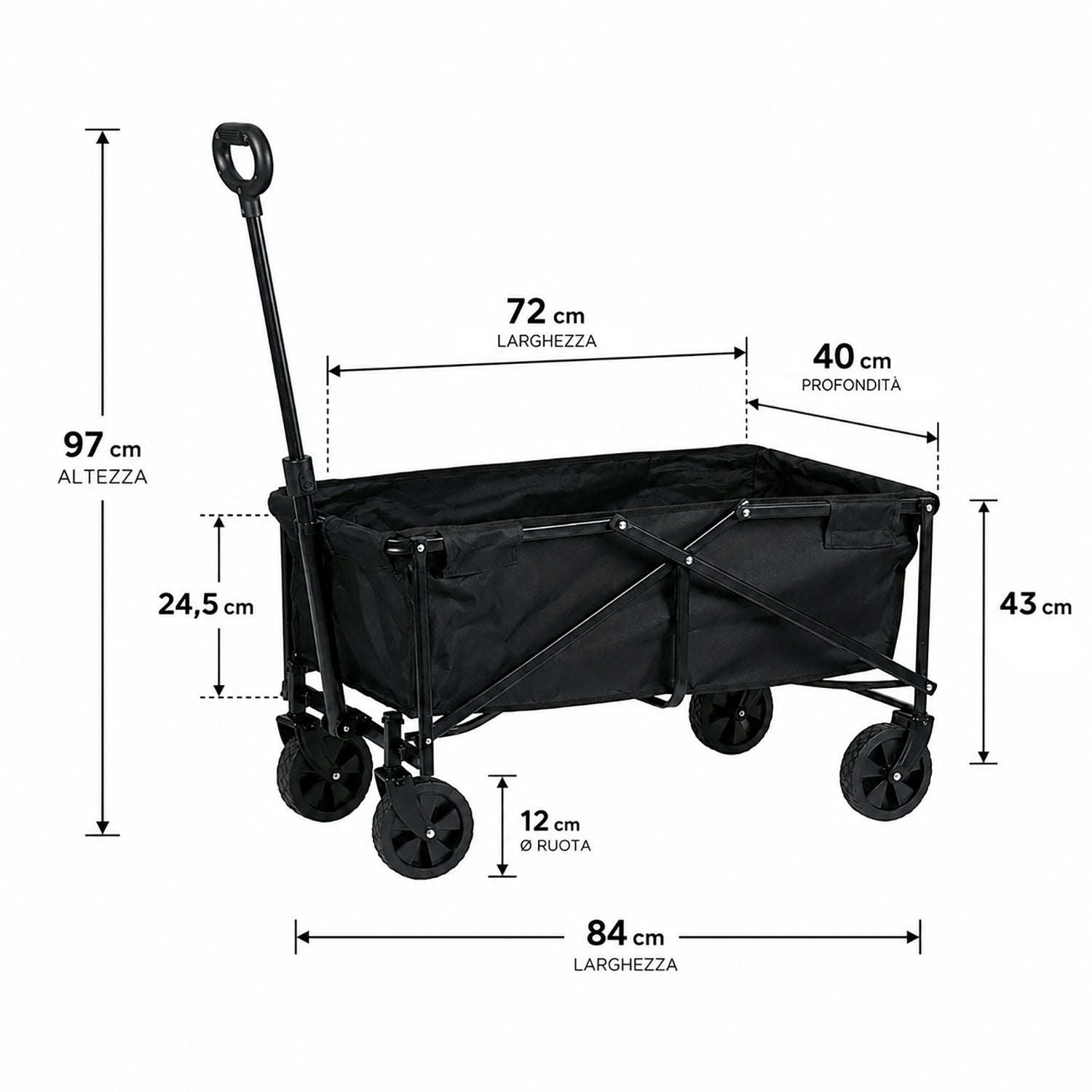 CAMP ACTIVE - Carrello Pieghevole Utility Nero Capacità max 50 kg - h97x84x40 cm