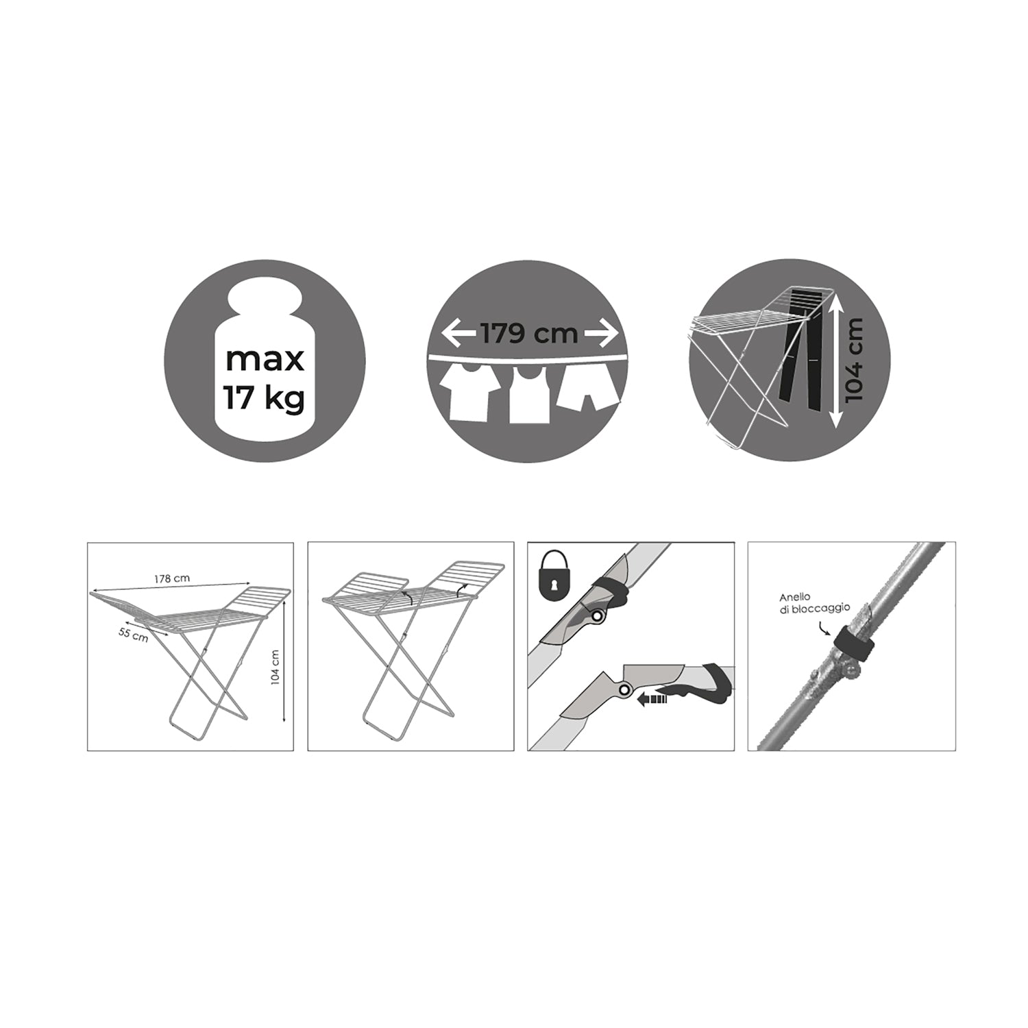 VESTIAMO CASA - Stendibiancheria da pavimento in acciaio Giglio - 18 metri di stenditura