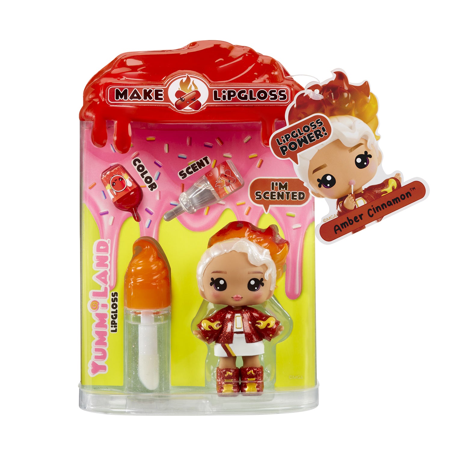 MGA ENTERTAINMENT - Yummiland Lip Gloss Doll Amber Cinnamon Serie 2 con Kit Crea Lucidalabbra 4+ Anni