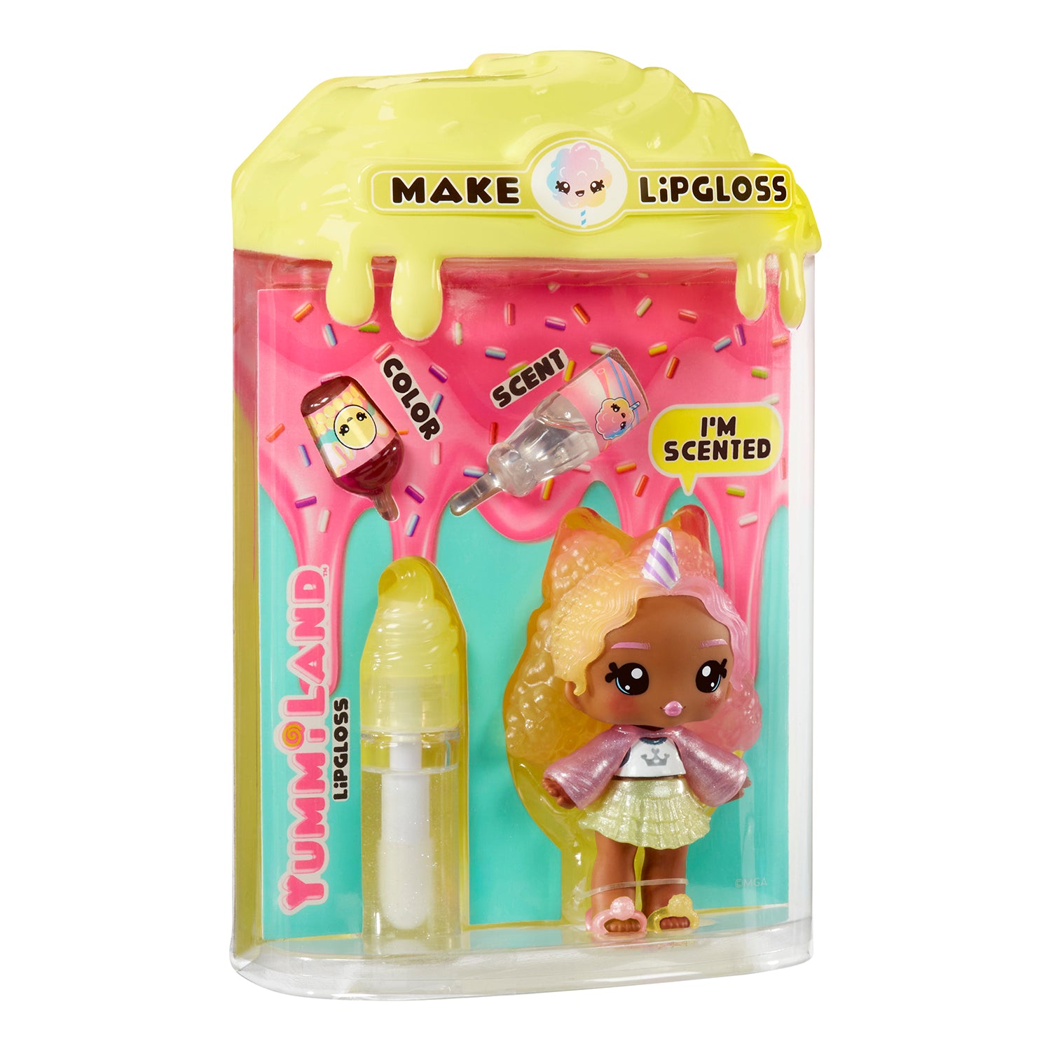 MGA ENTERTAINMENT - Yummiland Lip Gloss Doll Nia Candy Fluff Serie 2 con Kit Crea Lucidalabbra 4+ Anni