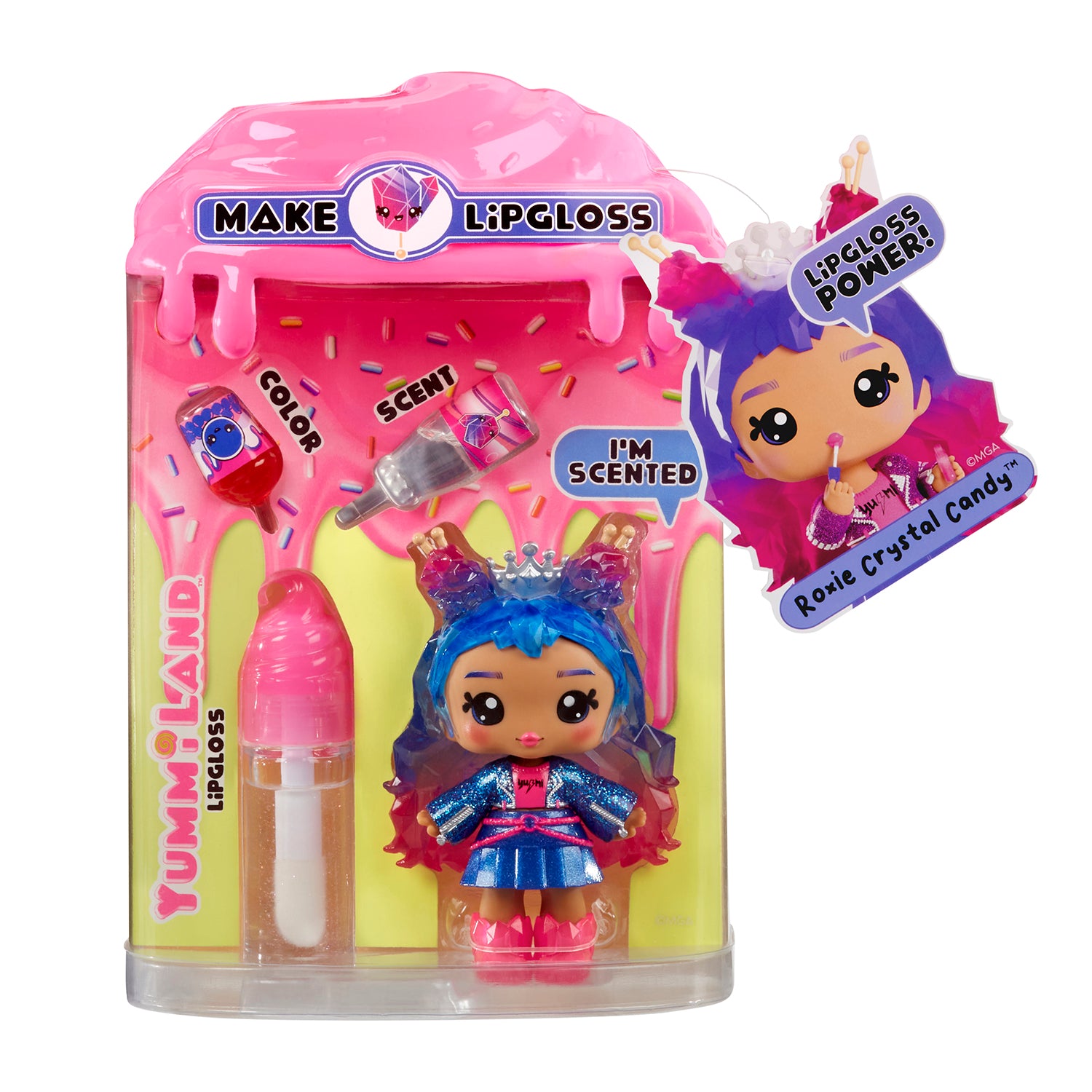 MGA ENTERTAINMENT - Yummiland Lip Gloss Doll Roxie Crystal Candy Serie 2 con Kit Crea Lucidalabbra 4+ Anni
