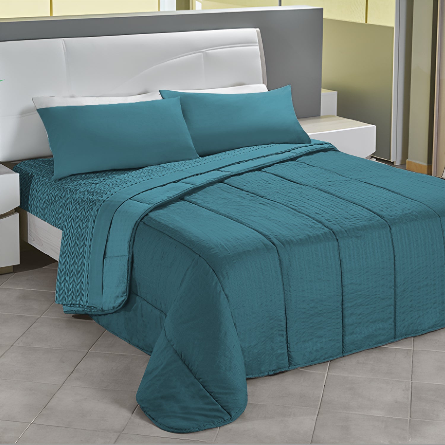 VESTIAMO CASA - Trapunta Matrimoniale Bicolor Style Verde e Petrolio 240x240 cm