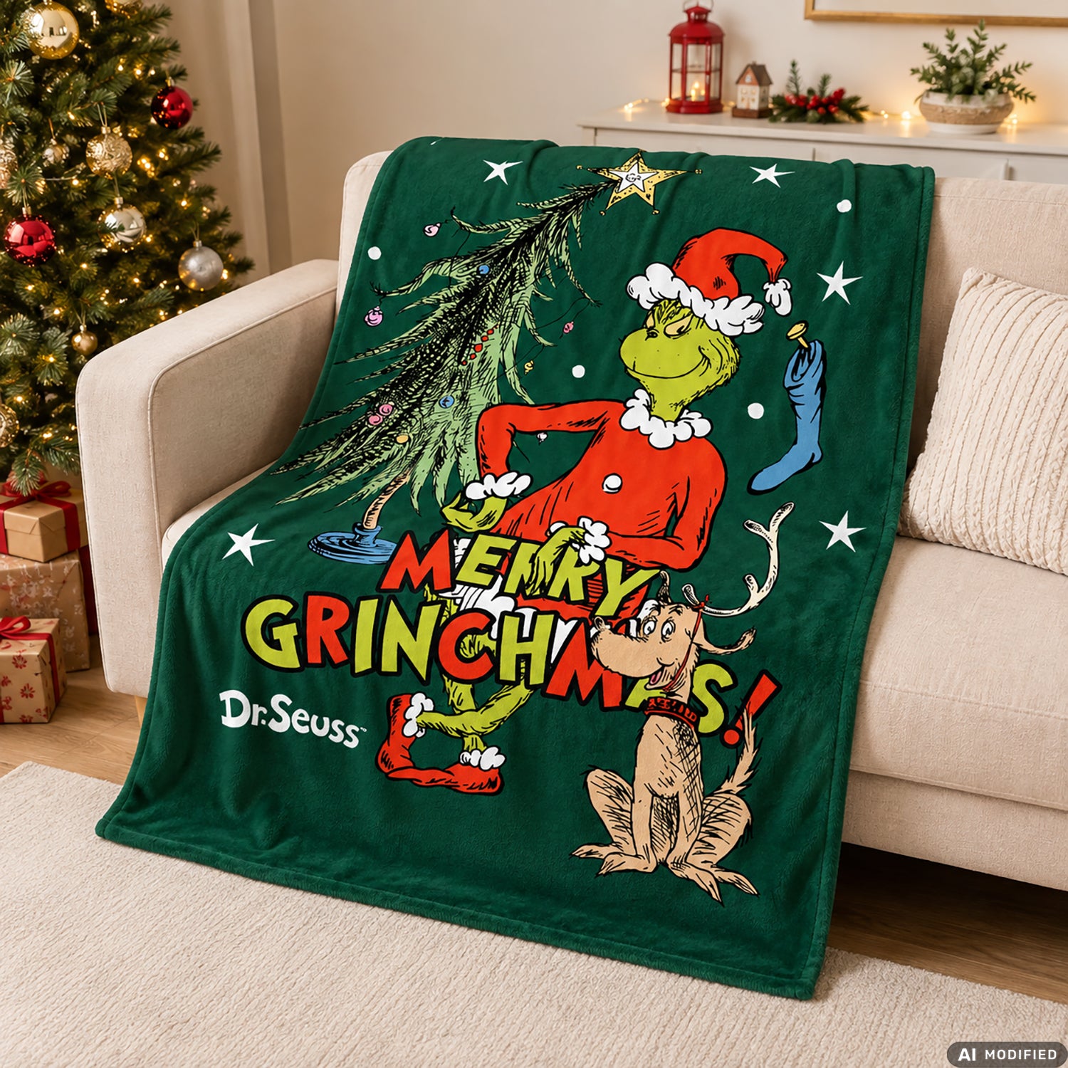 CORIEX - Plaid Grinch Merry Grinchmas in Pile 100x140 cm - Licenza Ufficiale The Grinch Dr. Seuss
