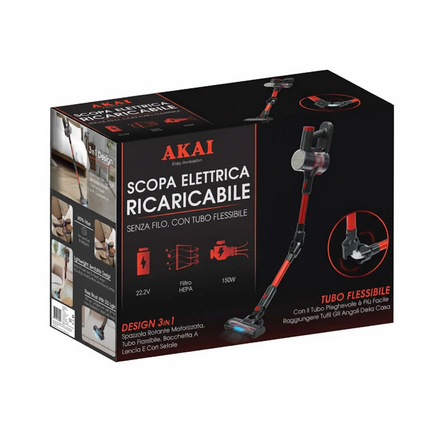 AKAI - Scopa Elettrica Senza Filo Ricaricabile con Tubo Flessibile e LED AP940K 150 Watt