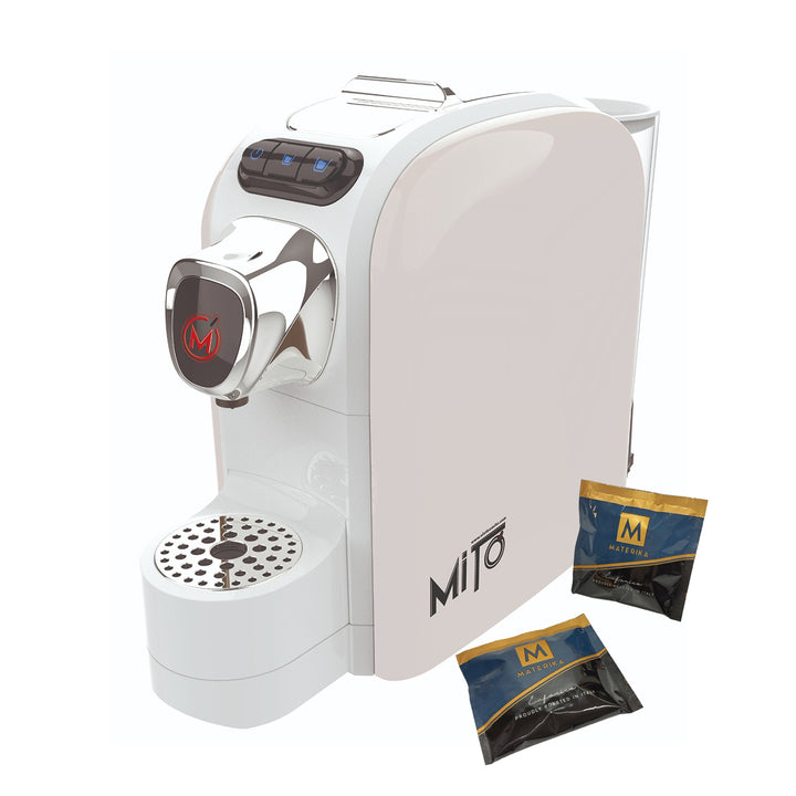 MITO - Macchina da caffè Total White 1400 Watt - con set degustazione 50 Cialde Materika