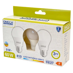 OMEGA - Set 3 Lampadine LED a goccia 9 Watt E27 4000K - Luce Naturale, Basso Consumo, Alta Luminosità